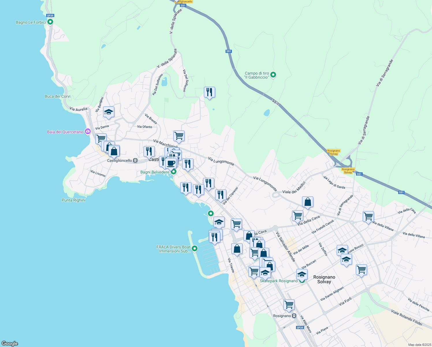 map of restaurants, bars, coffee shops, grocery stores, and more near 52 Via mare Egeo in Rosignano Solvay-Castiglioncello