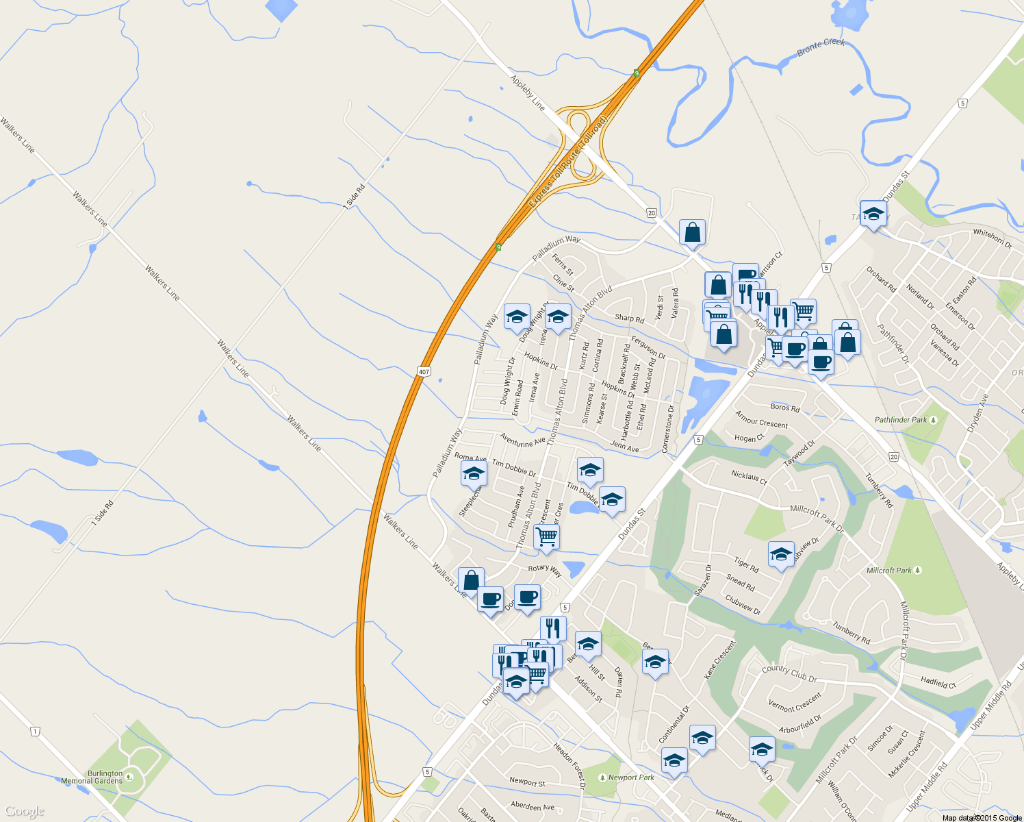 map of restaurants, bars, coffee shops, grocery stores, and more near 4631 Erwin Road in Burlington
