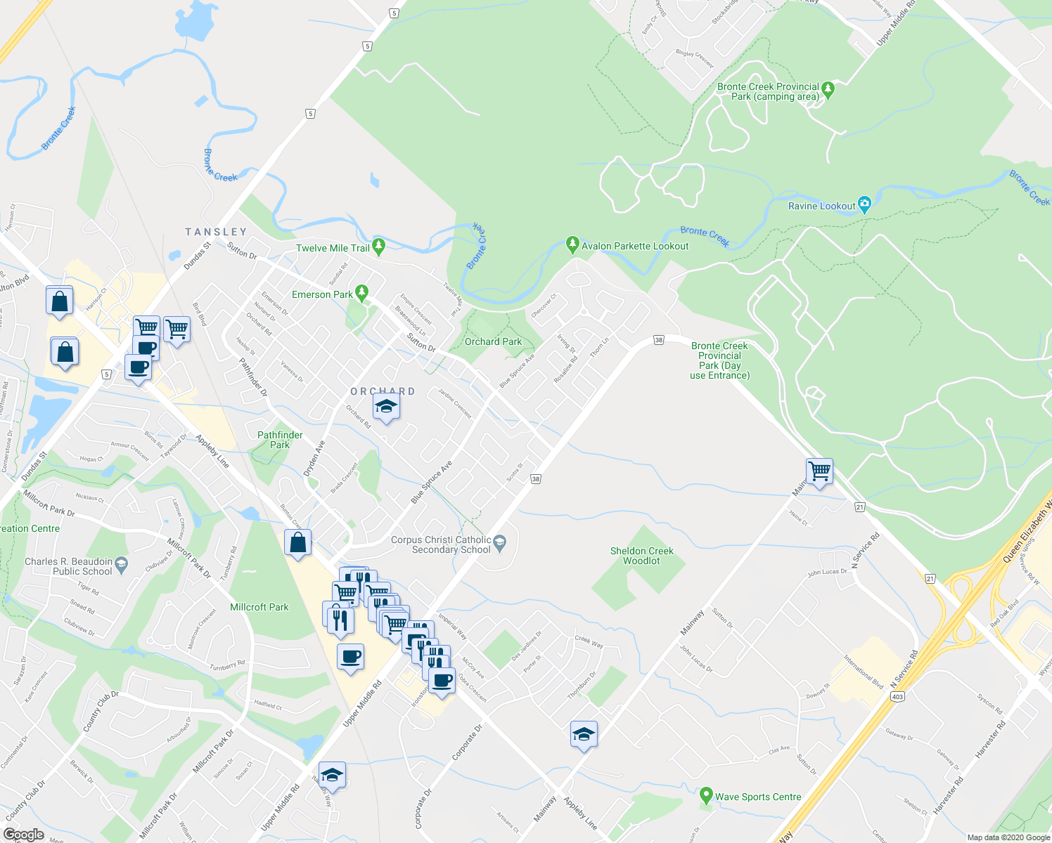 map of restaurants, bars, coffee shops, grocery stores, and more near 2163 Sutton Drive in Burlington