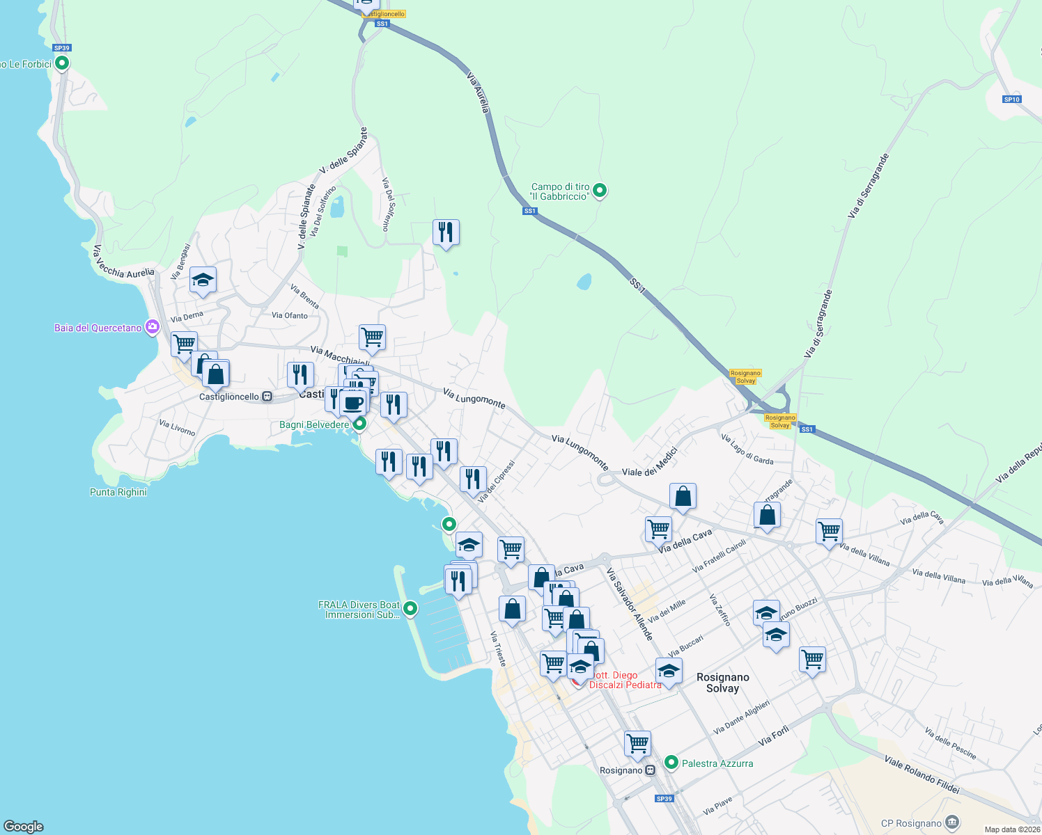 map of restaurants, bars, coffee shops, grocery stores, and more near 66 Via Lungomonte in Rosignano Marittimo