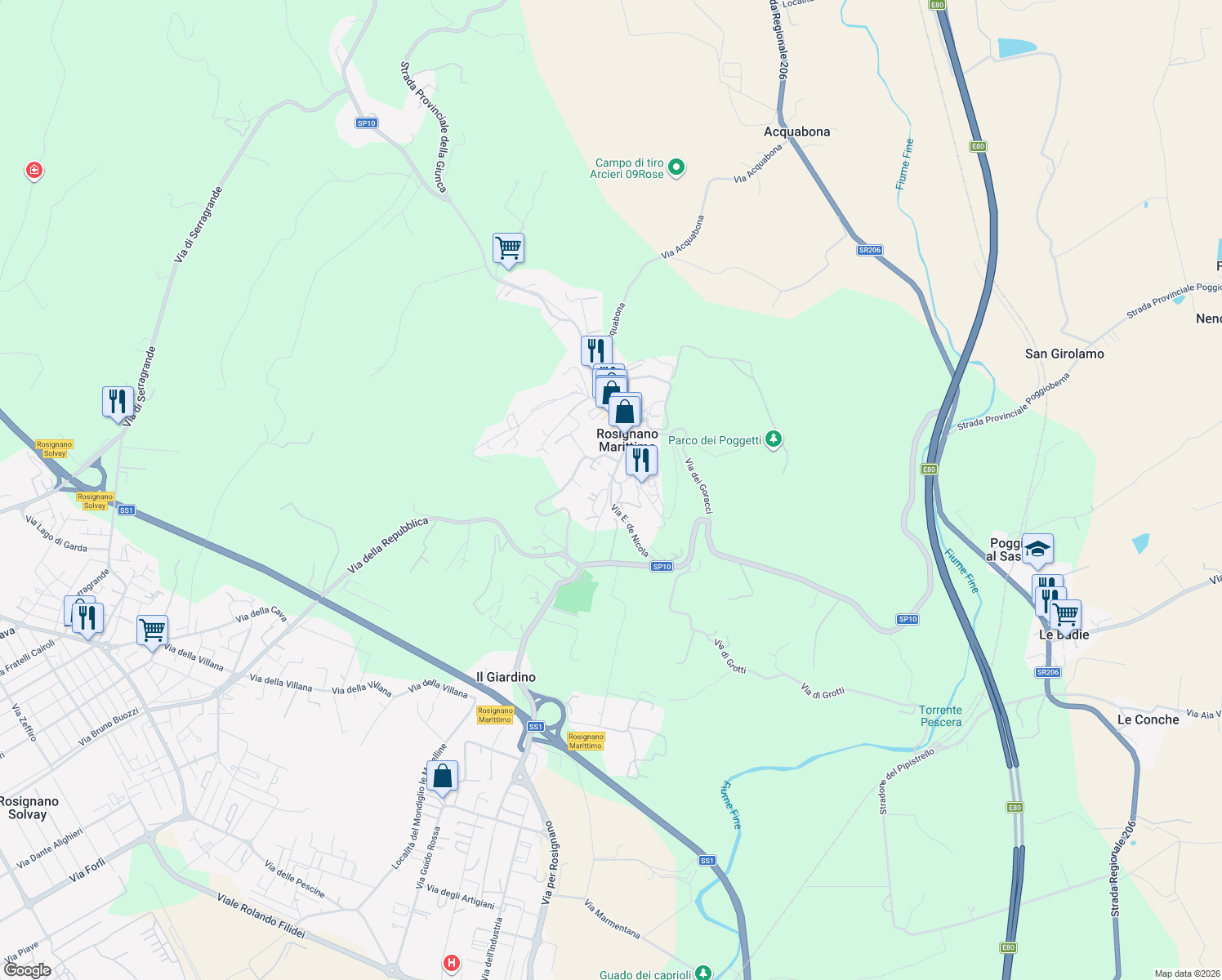 map of restaurants, bars, coffee shops, grocery stores, and more near 6 Via E. de Nicola in Rosignano Marittimo