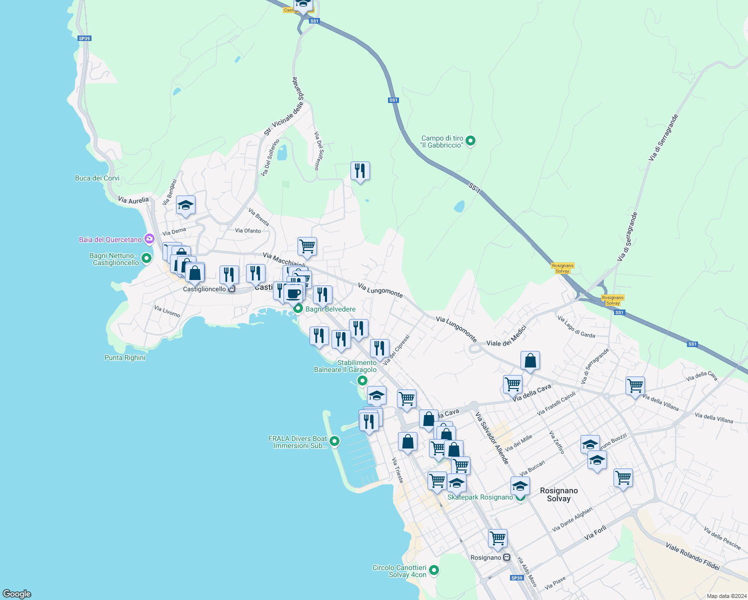 map of restaurants, bars, coffee shops, grocery stores, and more near 9 Via mare Ionio in Rosignano Solvay-Castiglioncello