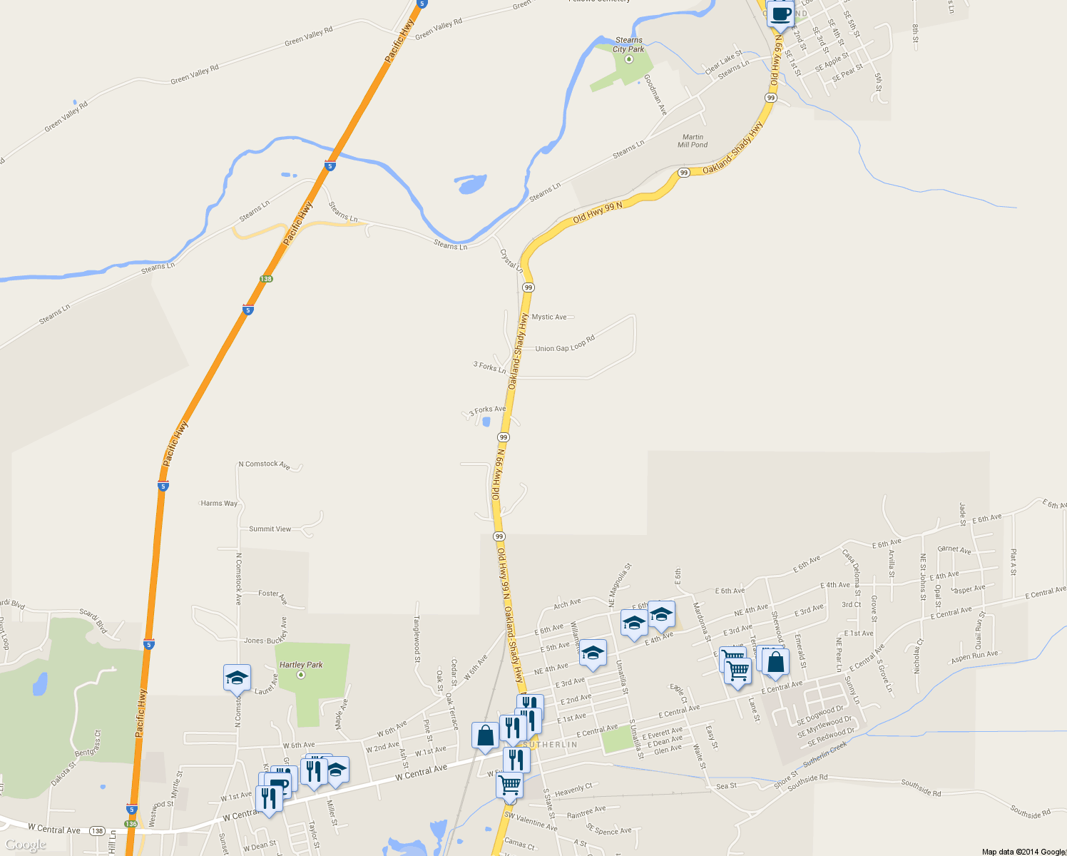 map of restaurants, bars, coffee shops, grocery stores, and more near 15445 Old Highway 99 North in Oakland