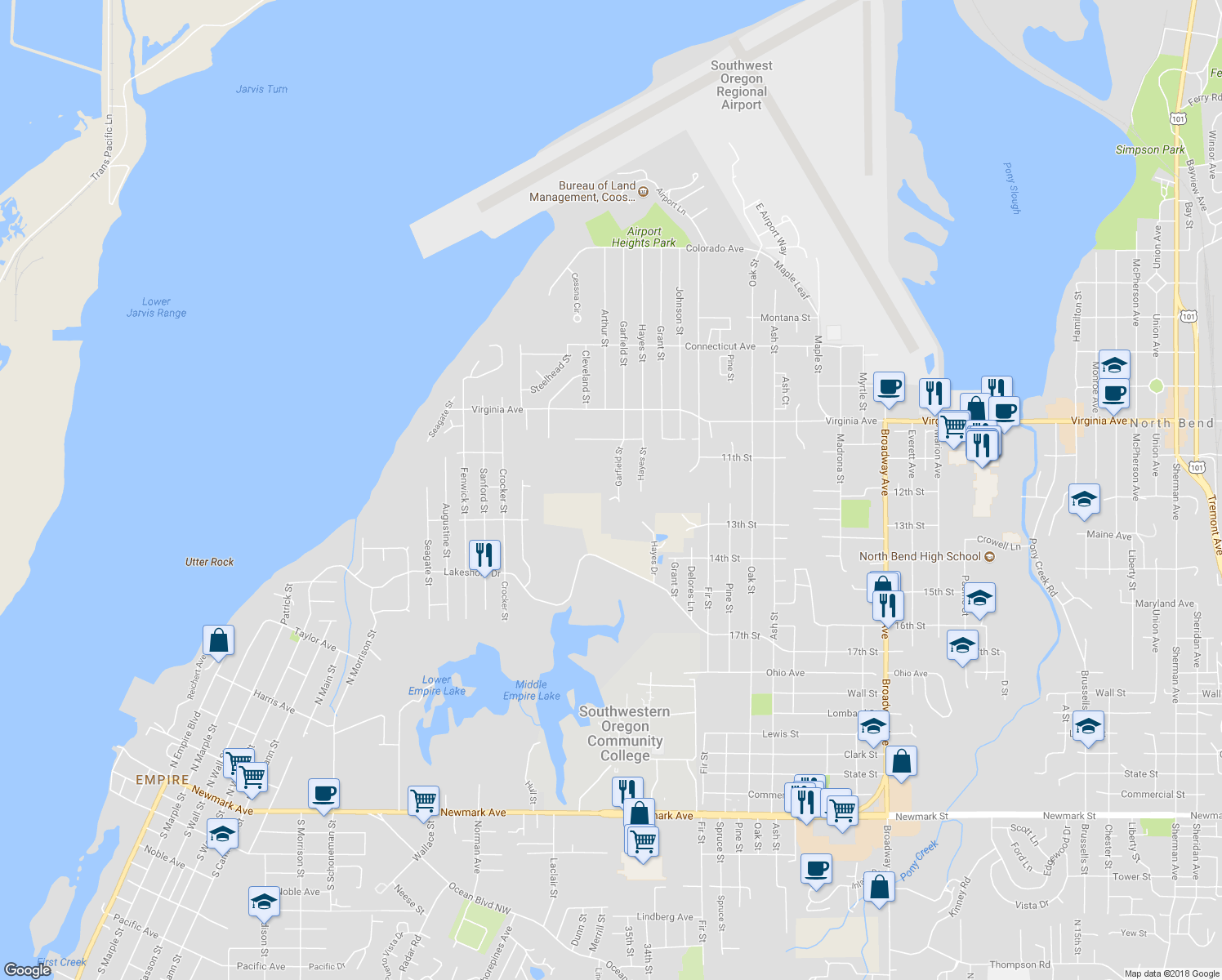 map of restaurants, bars, coffee shops, grocery stores, and more near 2190 Garfield Street in North Bend