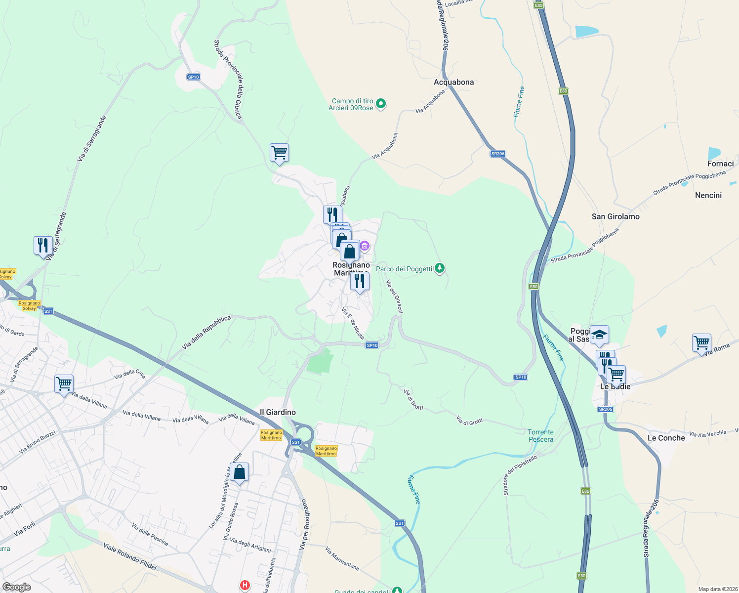 map of restaurants, bars, coffee shops, grocery stores, and more near 13a Via del Castello in Rosignano Marittimo