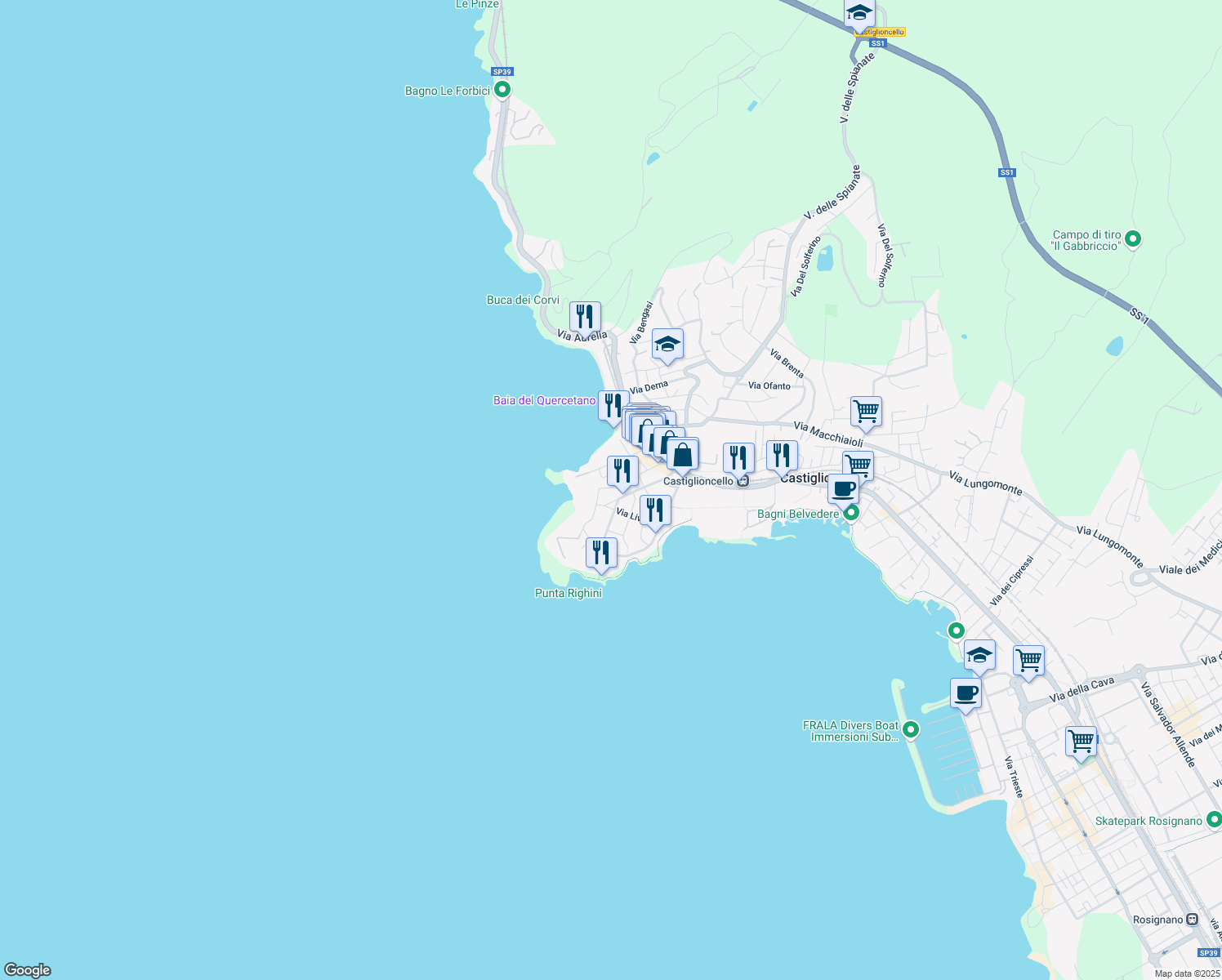 map of restaurants, bars, coffee shops, grocery stores, and more near 22 Via Diego Martelli in Rosignano Solvay-Castiglioncello