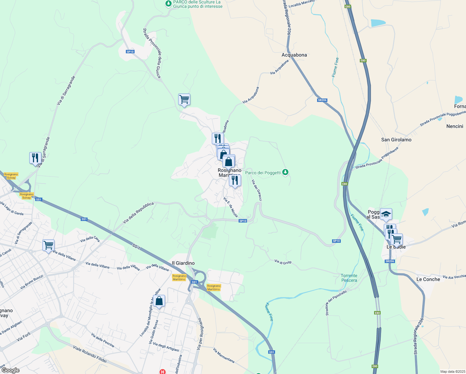 map of restaurants, bars, coffee shops, grocery stores, and more near 22 Via del Castello in Rosignano Marittimo
