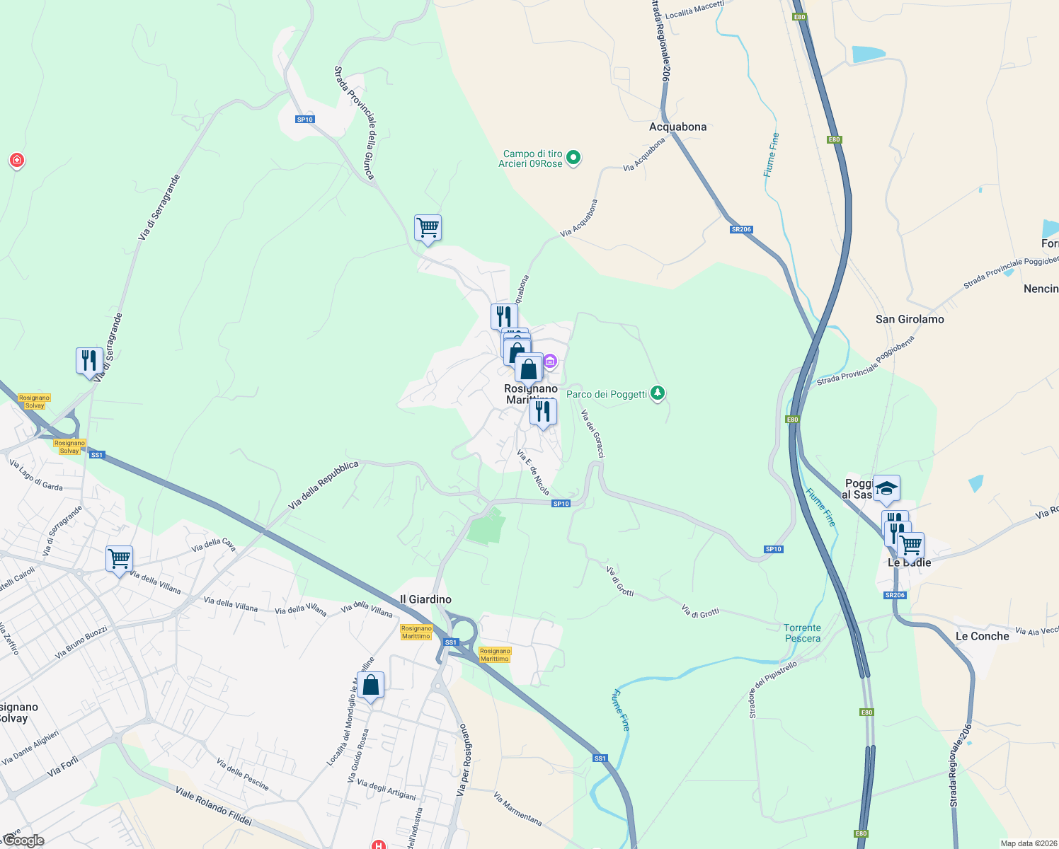 map of restaurants, bars, coffee shops, grocery stores, and more near 22 Via del Castello in Rosignano Marittimo