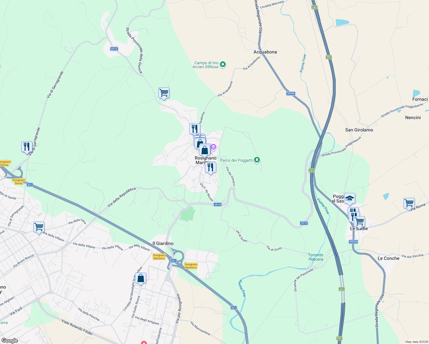 map of restaurants, bars, coffee shops, grocery stores, and more near 13a Via del Castello in Rosignano Marittimo