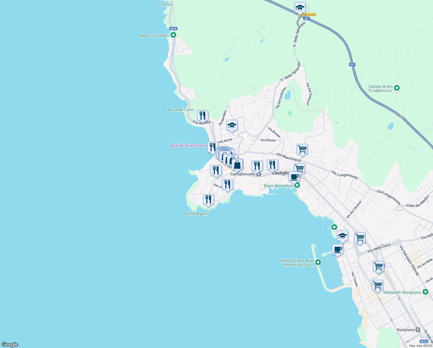 map of restaurants, bars, coffee shops, grocery stores, and more near 22 Via Diego Martelli in Rosignano Solvay-Castiglioncello
