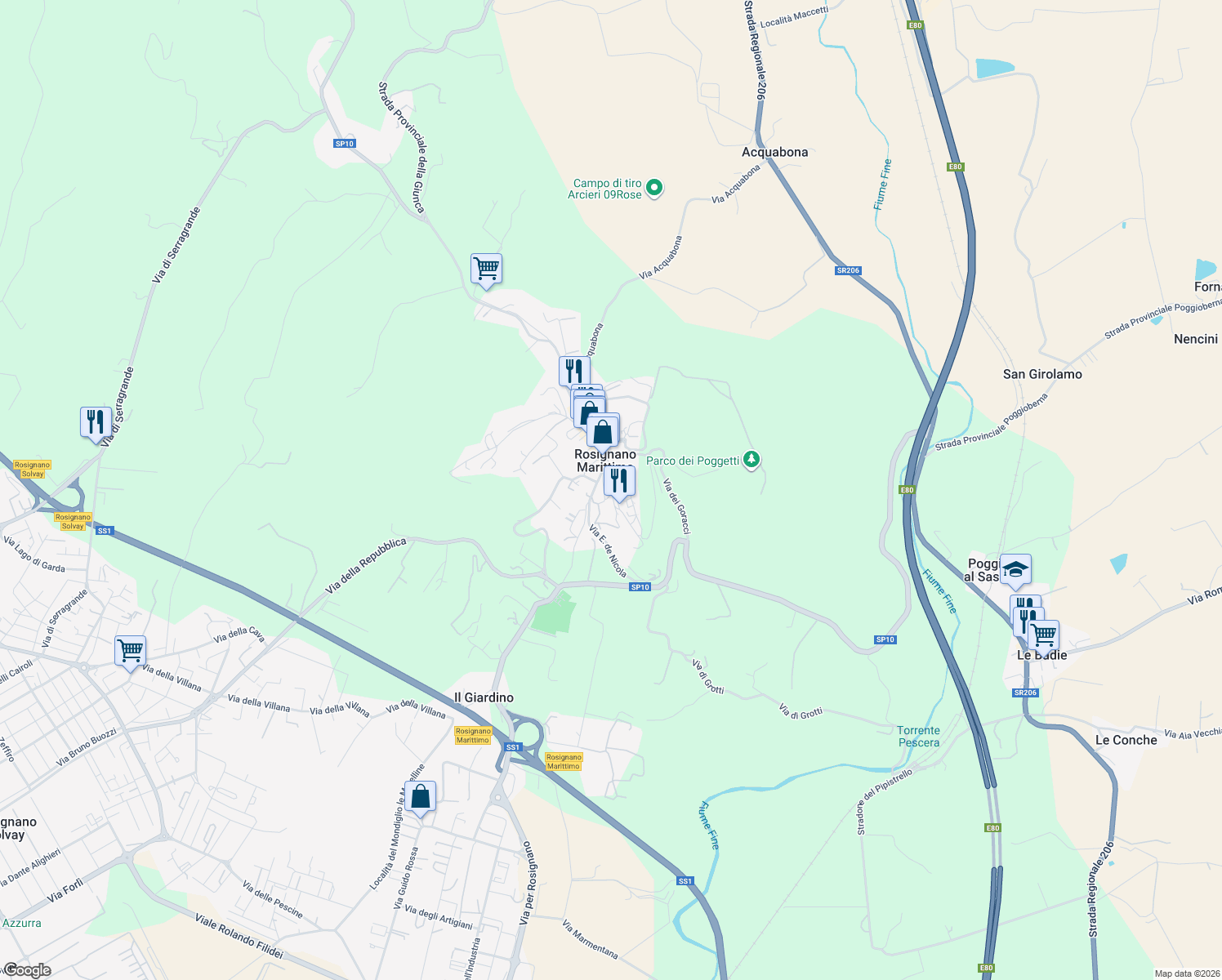 map of restaurants, bars, coffee shops, grocery stores, and more near 22 Via del Castello in Rosignano Marittimo
