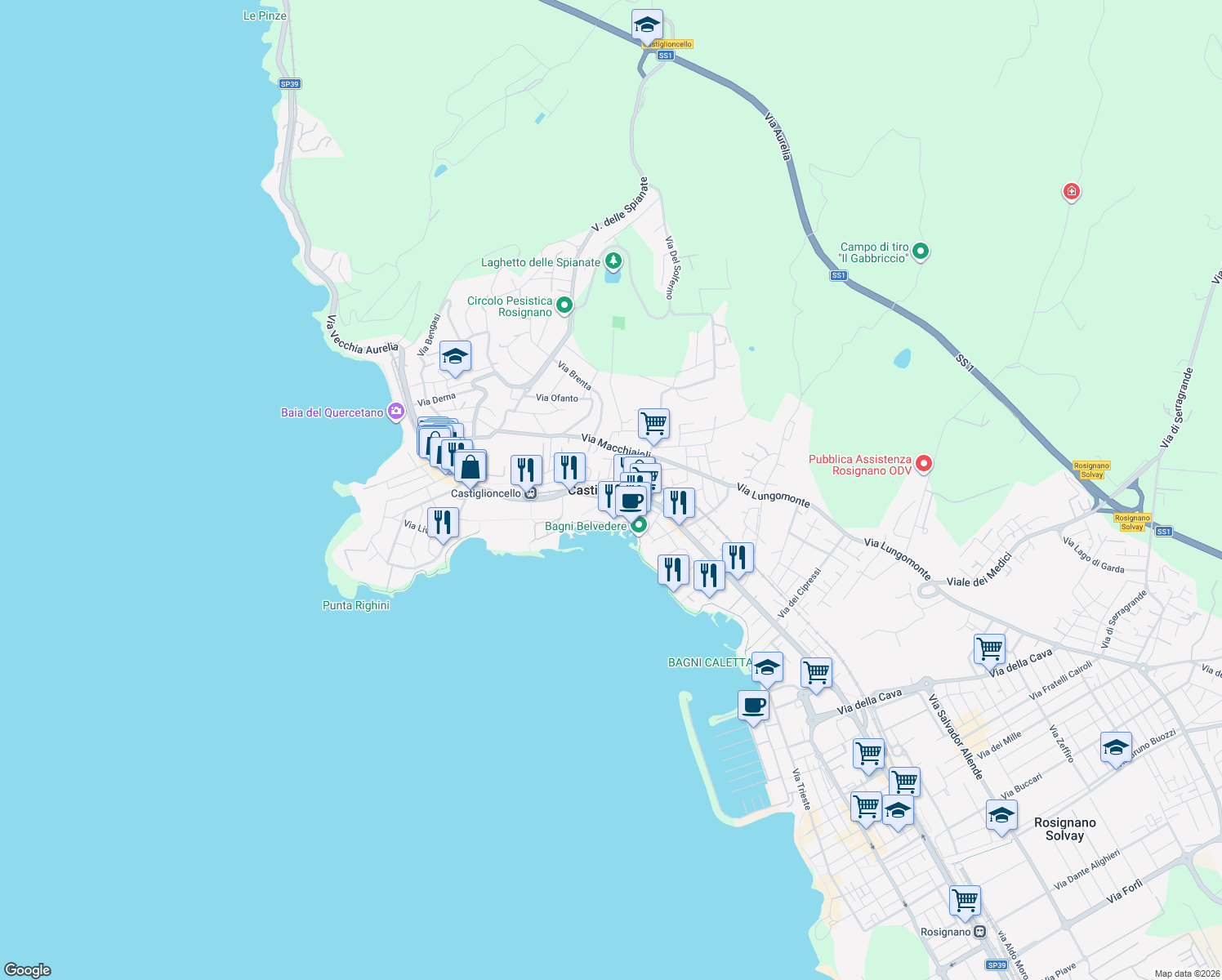 map of restaurants, bars, coffee shops, grocery stores, and more near in Castiglioncello