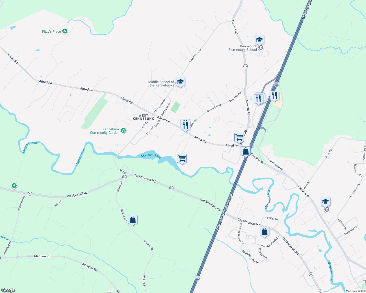 map of restaurants, bars, coffee shops, grocery stores, and more near 25 Maple Avenue in Kennebunk