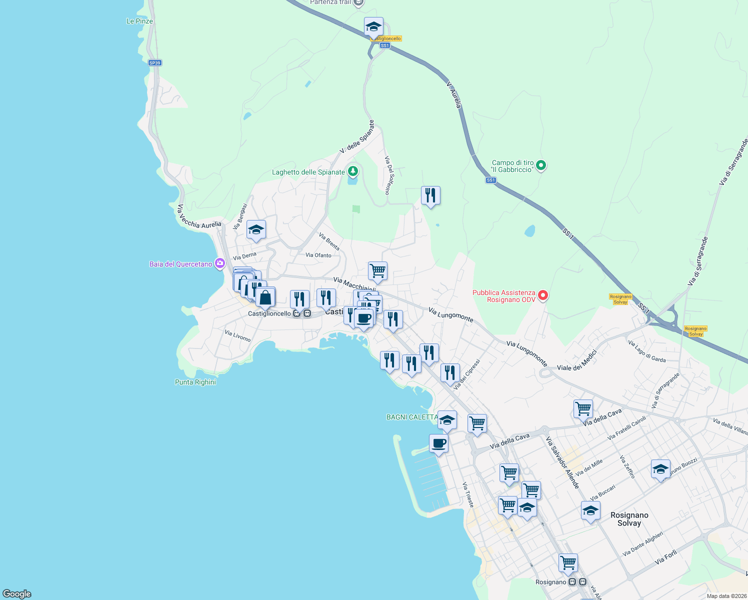 map of restaurants, bars, coffee shops, grocery stores, and more near 19 Via della Ragnaia in Rosignano Solvay-Castiglioncello