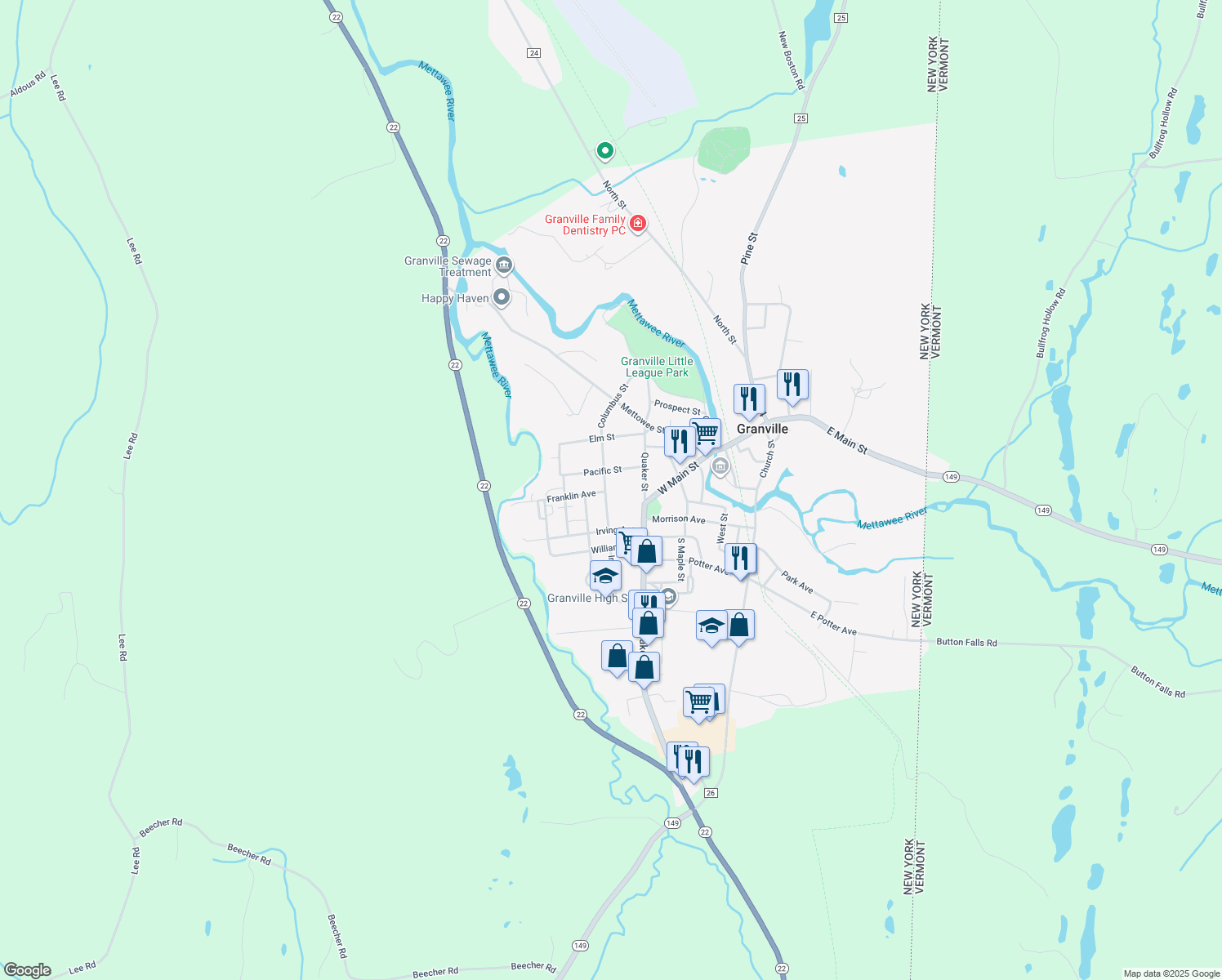 map of restaurants, bars, coffee shops, grocery stores, and more near 13 Columbus Street in Granville