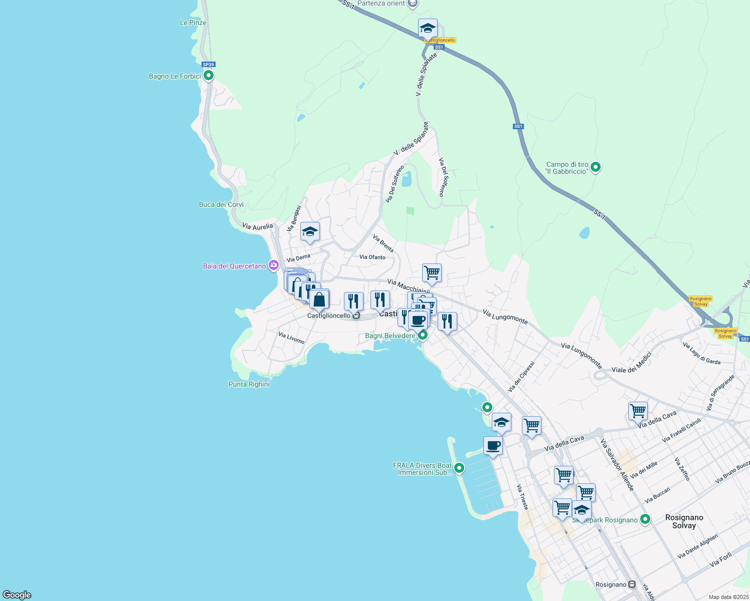 map of restaurants, bars, coffee shops, grocery stores, and more near 56 Via Vito D'Ancona in Rosignano Solvay-Castiglioncello