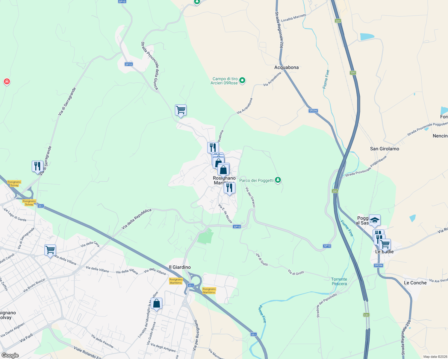 map of restaurants, bars, coffee shops, grocery stores, and more near in Rosignano Marittimo