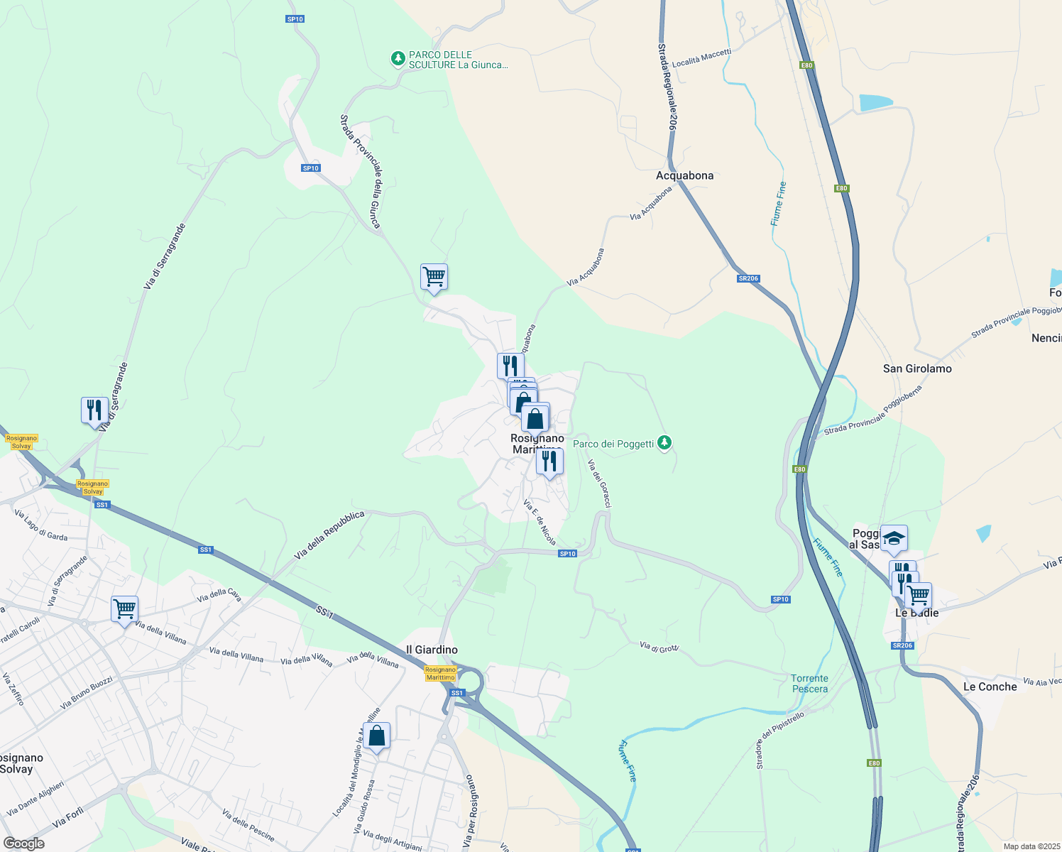 map of restaurants, bars, coffee shops, grocery stores, and more near 64 Via Antonio Gramsci in Rosignano Marittimo