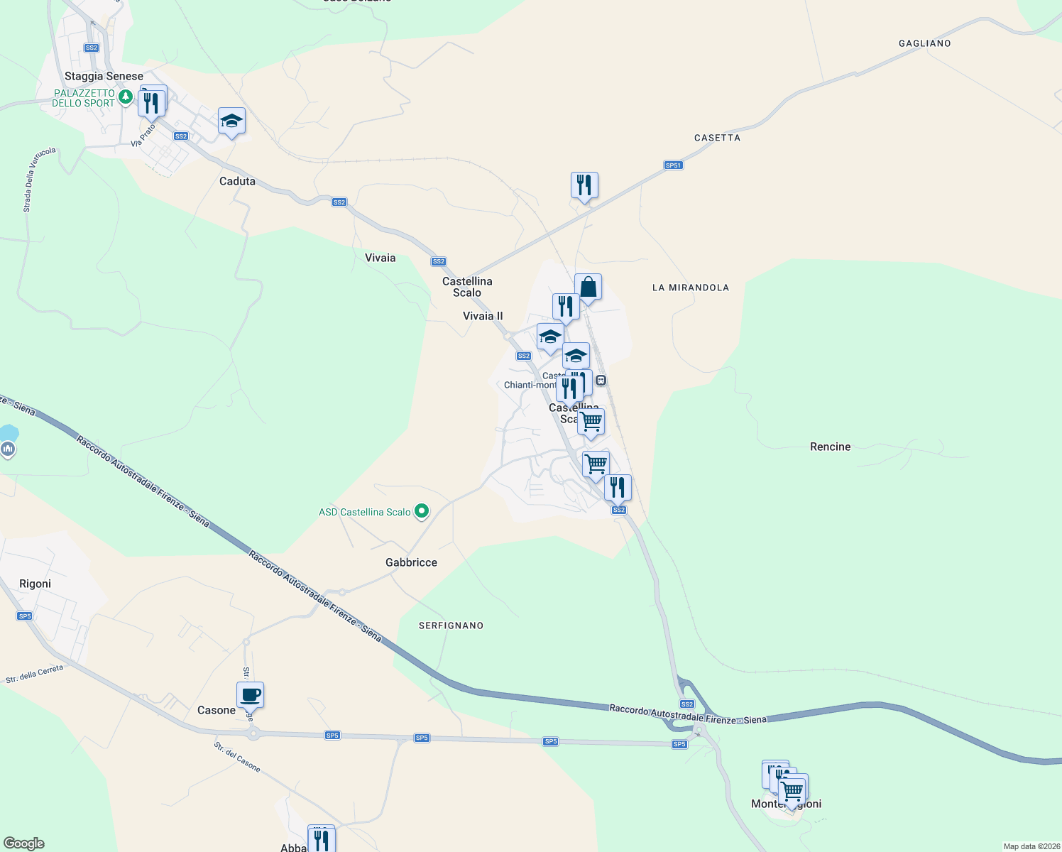 map of restaurants, bars, coffee shops, grocery stores, and more near 157 Via VIII Marzo in Castellina Scalo