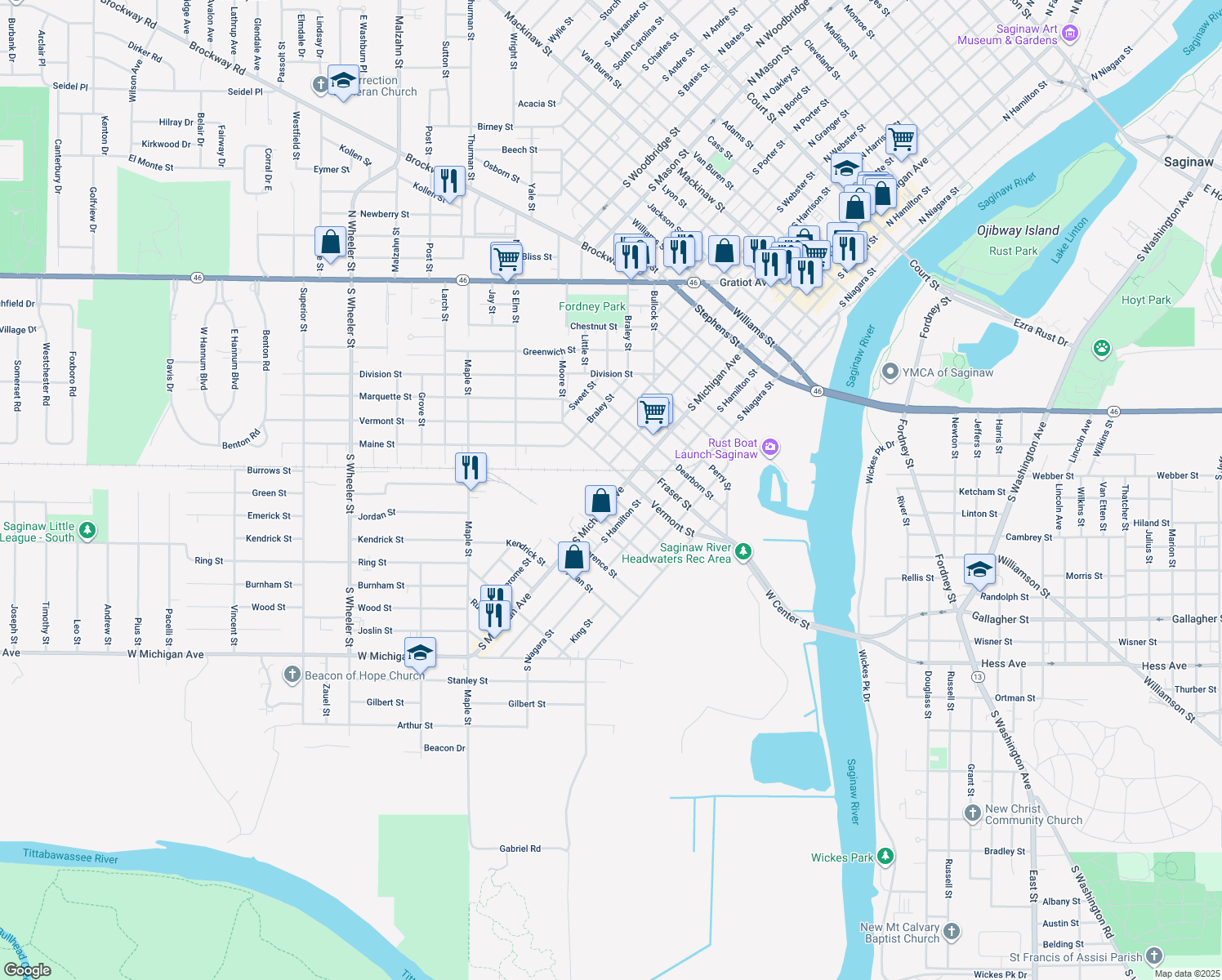 map of restaurants, bars, coffee shops, grocery stores, and more near 1721 South Michigan Avenue in Saginaw Charter Township