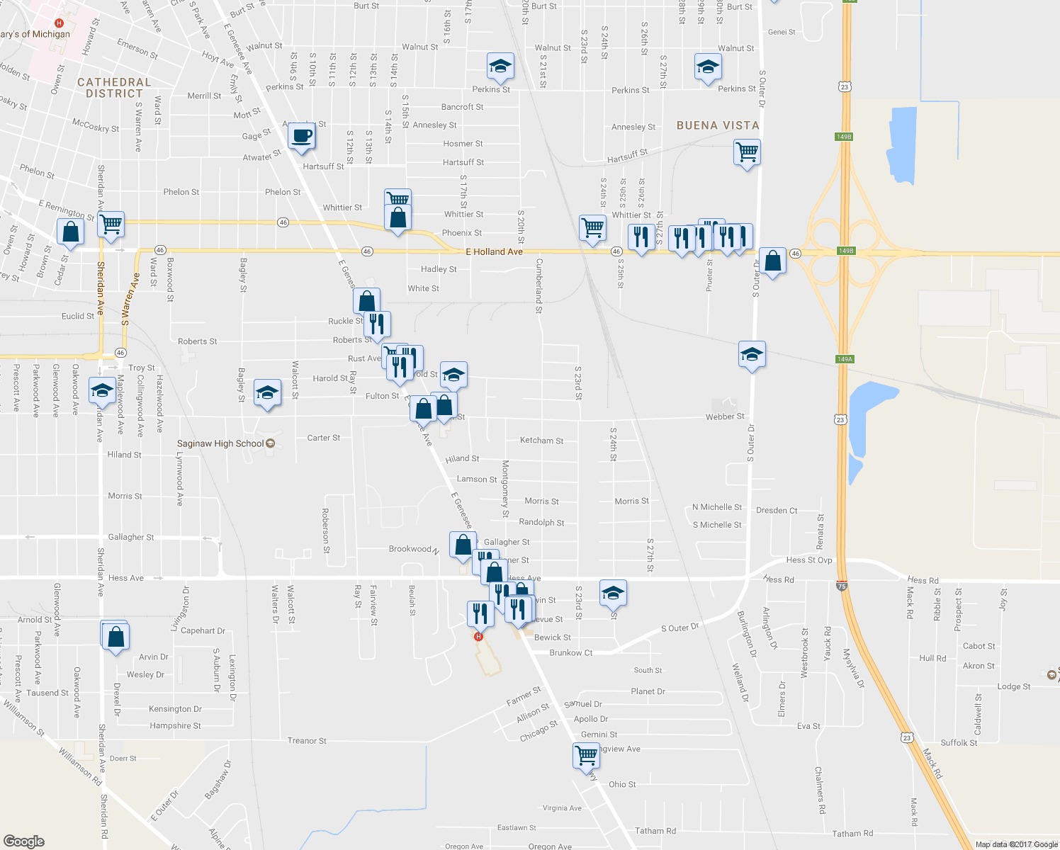 map of restaurants, bars, coffee shops, grocery stores, and more near 4034 Webber Street in Saginaw