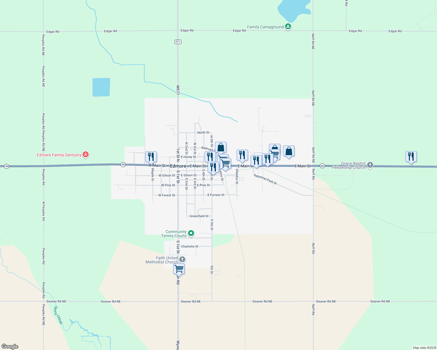 map of restaurants, bars, coffee shops, grocery stores, and more near 526 East Gilson Street in Edmore