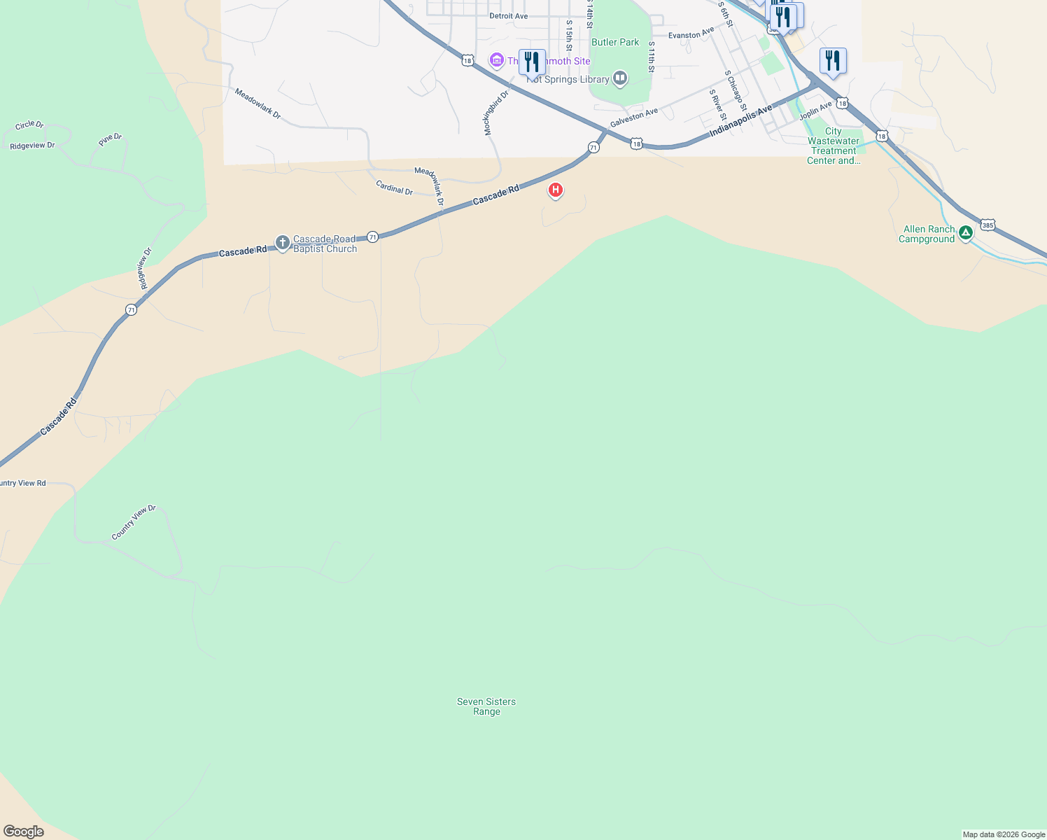 map of restaurants, bars, coffee shops, grocery stores, and more near Unnamed Road in Hot Springs