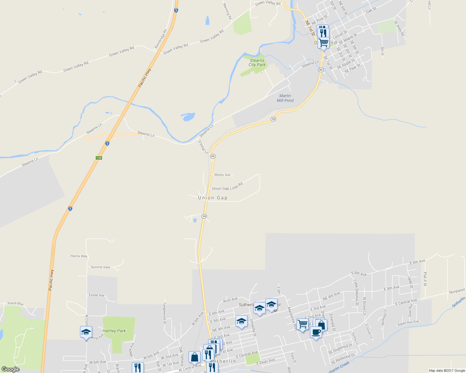 map of restaurants, bars, coffee shops, grocery stores, and more near 839 Union Gap Loop Road in Oakland
