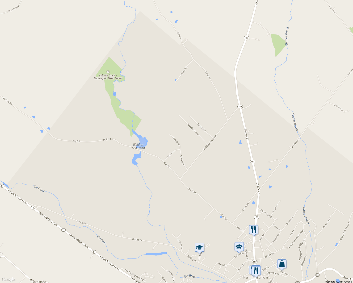 map of restaurants, bars, coffee shops, grocery stores, and more near 93 Cherub Drive in Farmington