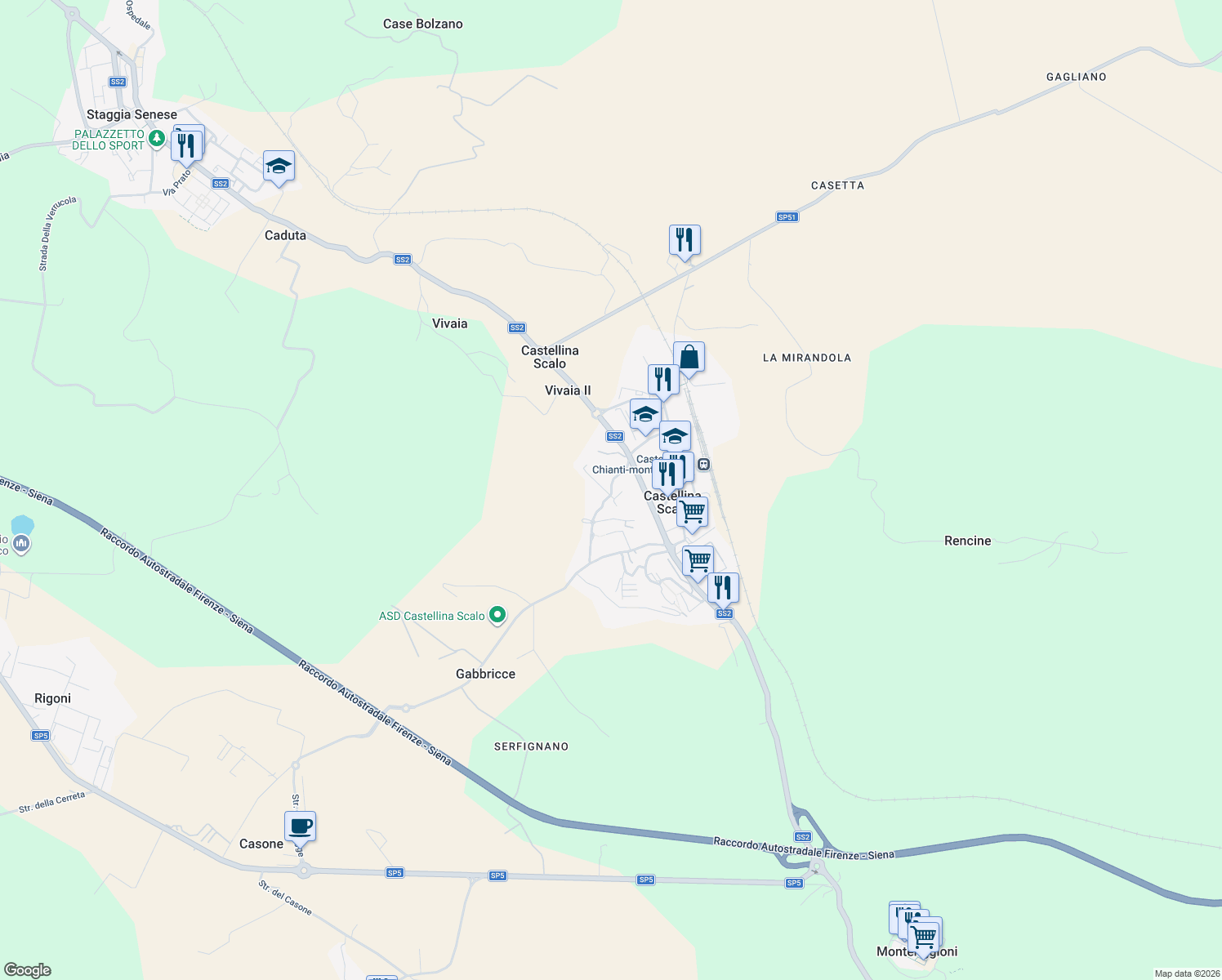 map of restaurants, bars, coffee shops, grocery stores, and more near 157 Via VIII Marzo in Castellina Scalo