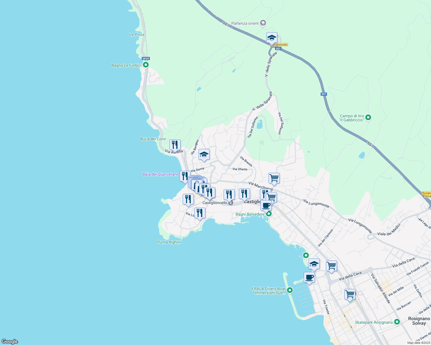 map of restaurants, bars, coffee shops, grocery stores, and more near 24 Via Derna in Rosignano Solvay-Castiglioncello