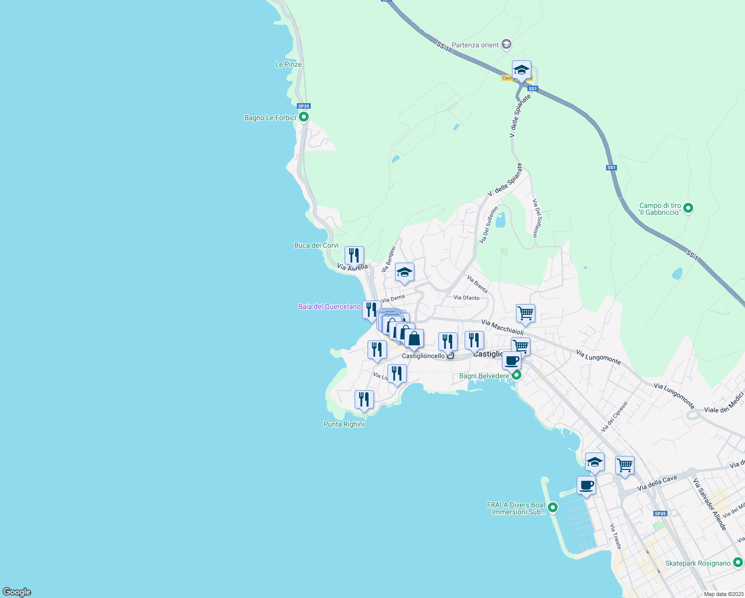 map of restaurants, bars, coffee shops, grocery stores, and more near 6 Lungomare del Quercetano in Rosignano Solvay-Castiglioncello
