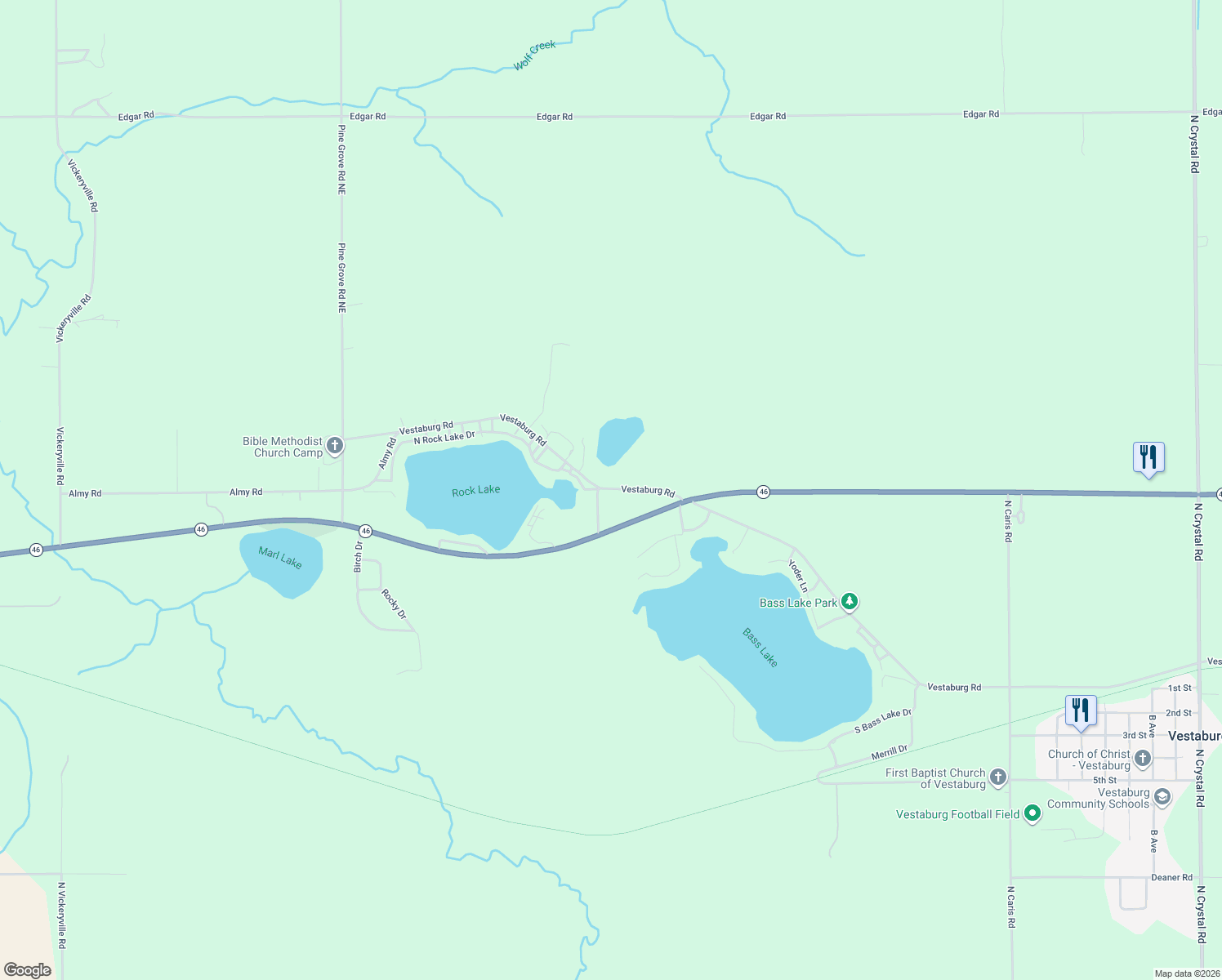 map of restaurants, bars, coffee shops, grocery stores, and more near 7492 Vestaburg Road in Vestaburg