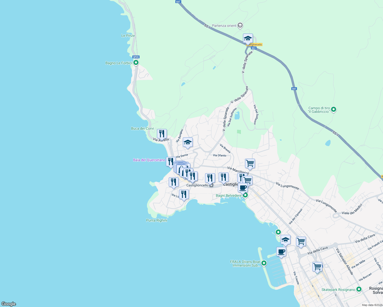 map of restaurants, bars, coffee shops, grocery stores, and more near 24 Via Derna in Rosignano Solvay-Castiglioncello