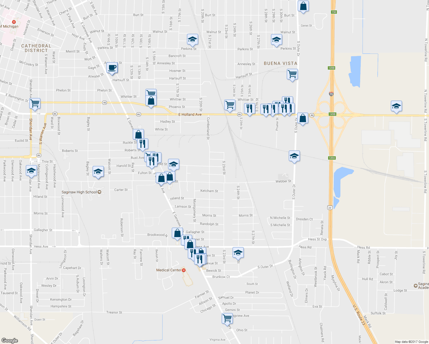 map of restaurants, bars, coffee shops, grocery stores, and more near 4115 Fulton Street in Saginaw