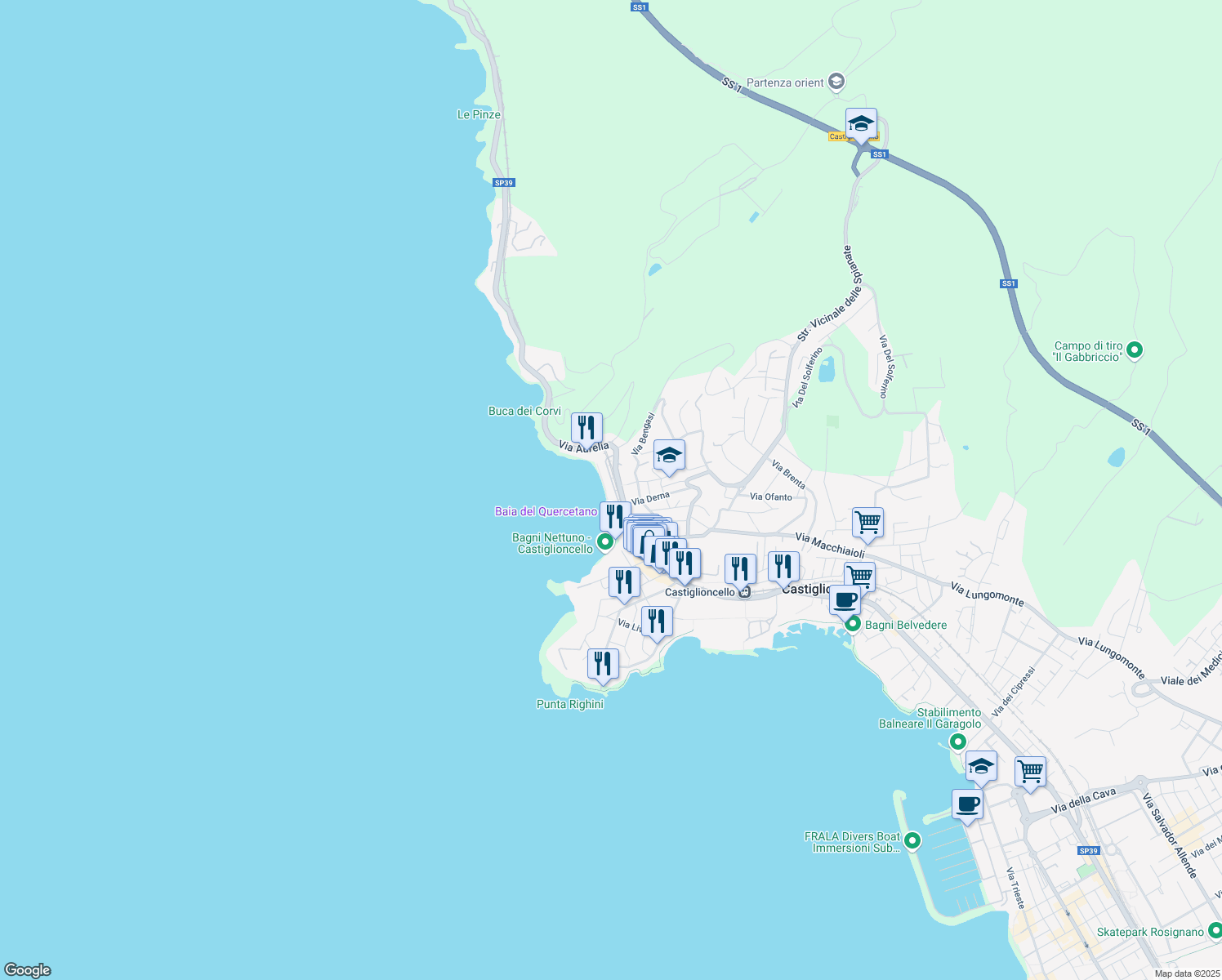 map of restaurants, bars, coffee shops, grocery stores, and more near 6 Lungomare del Quercetano in Rosignano Solvay-Castiglioncello