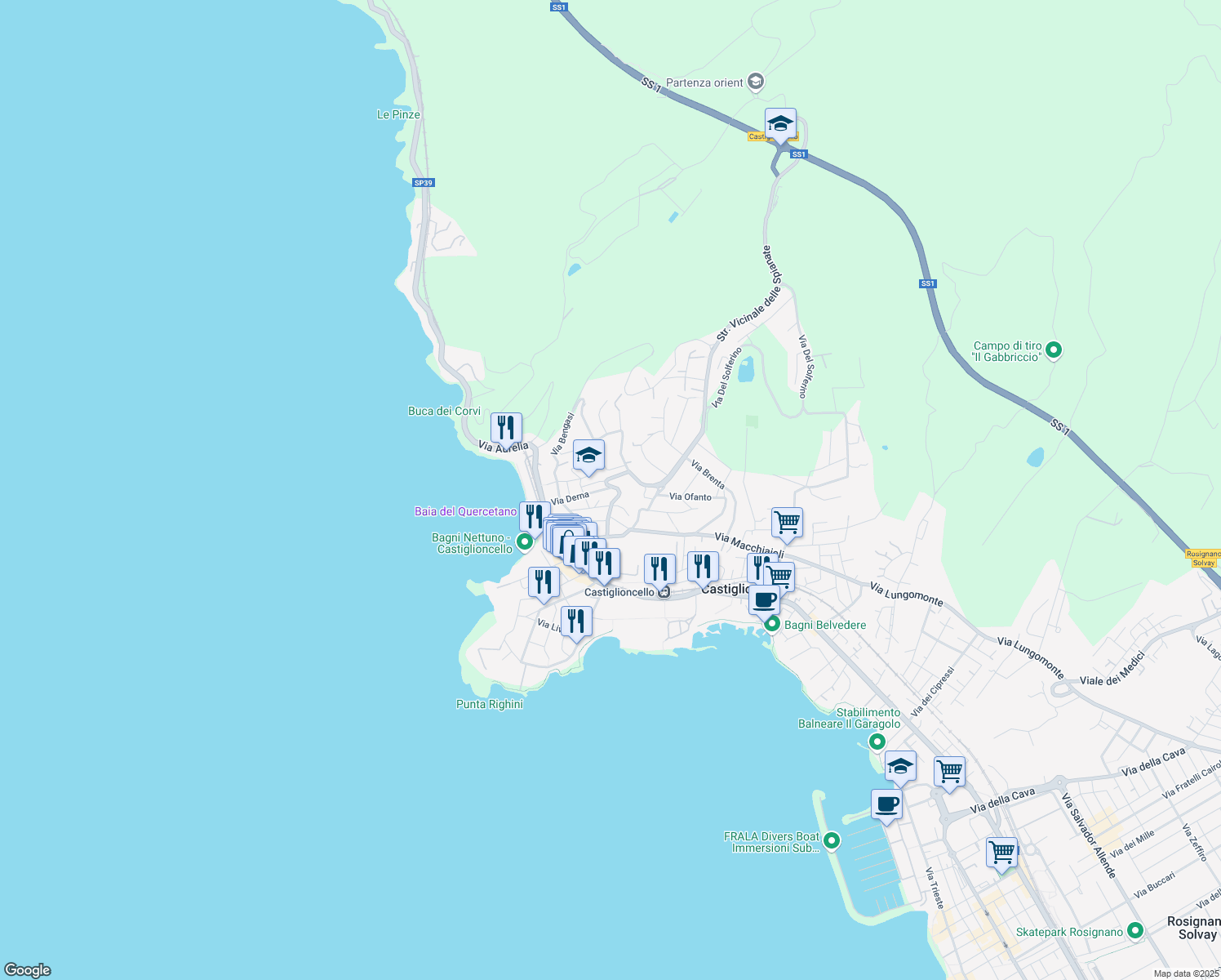 map of restaurants, bars, coffee shops, grocery stores, and more near 24 Via Derna in Rosignano Solvay-Castiglioncello