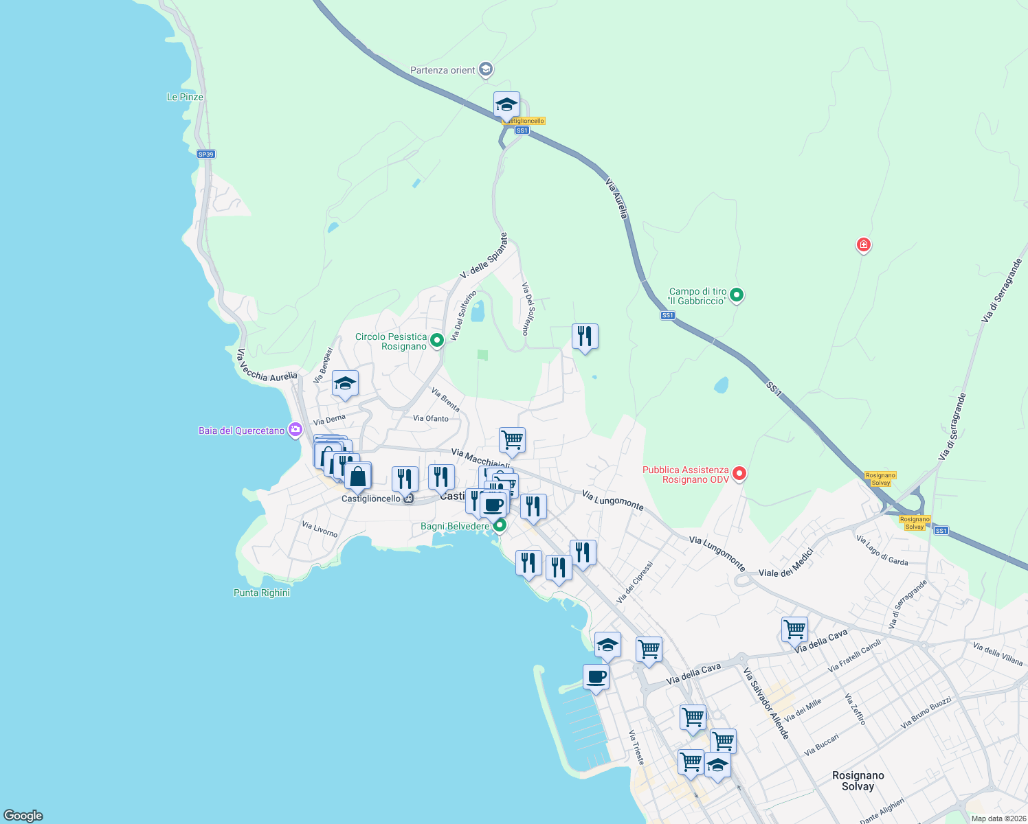 map of restaurants, bars, coffee shops, grocery stores, and more near 10 Via della Ragnaia in Rosignano Solvay-Castiglioncello