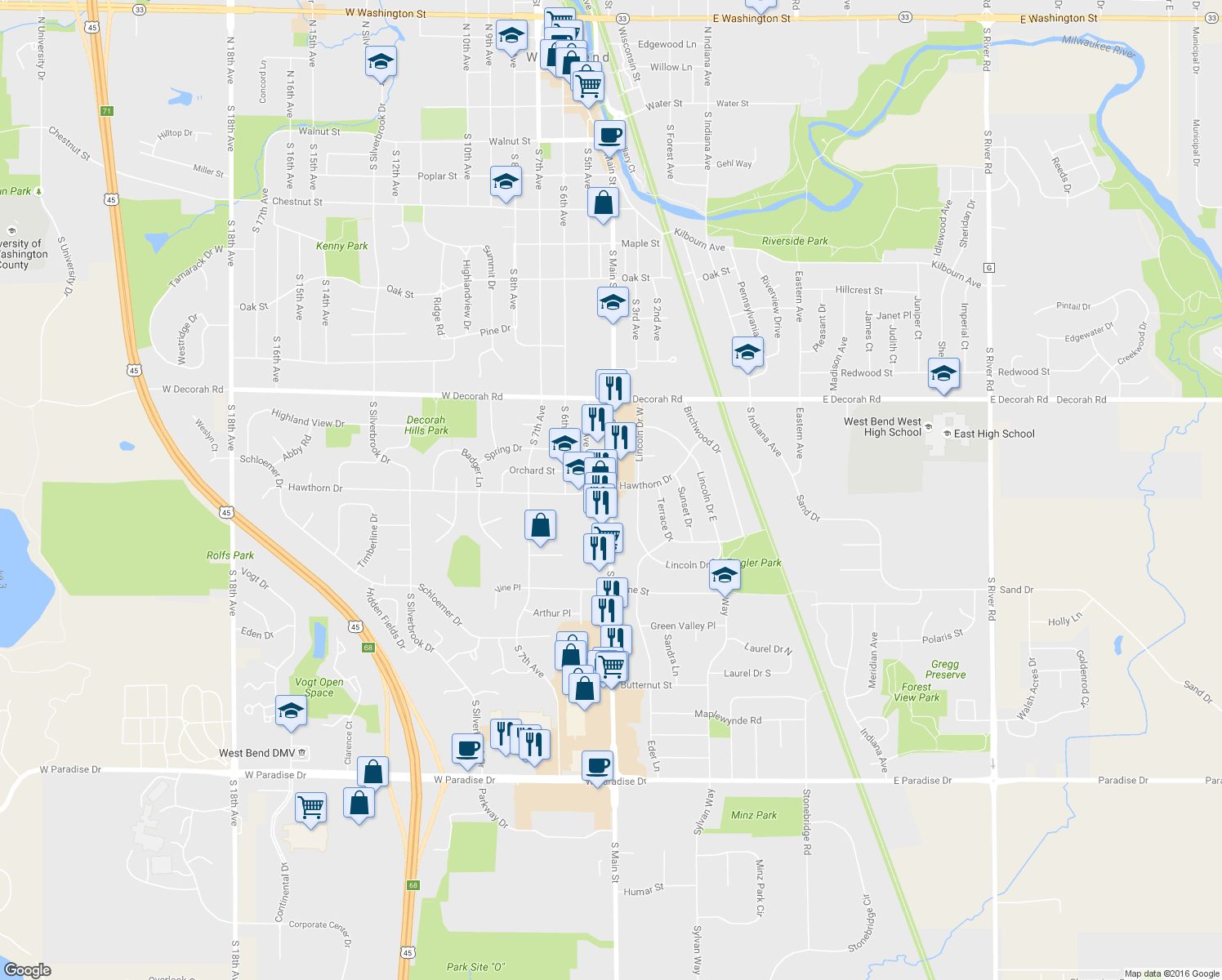 map of restaurants, bars, coffee shops, grocery stores, and more near 910 South Main Street in West Bend