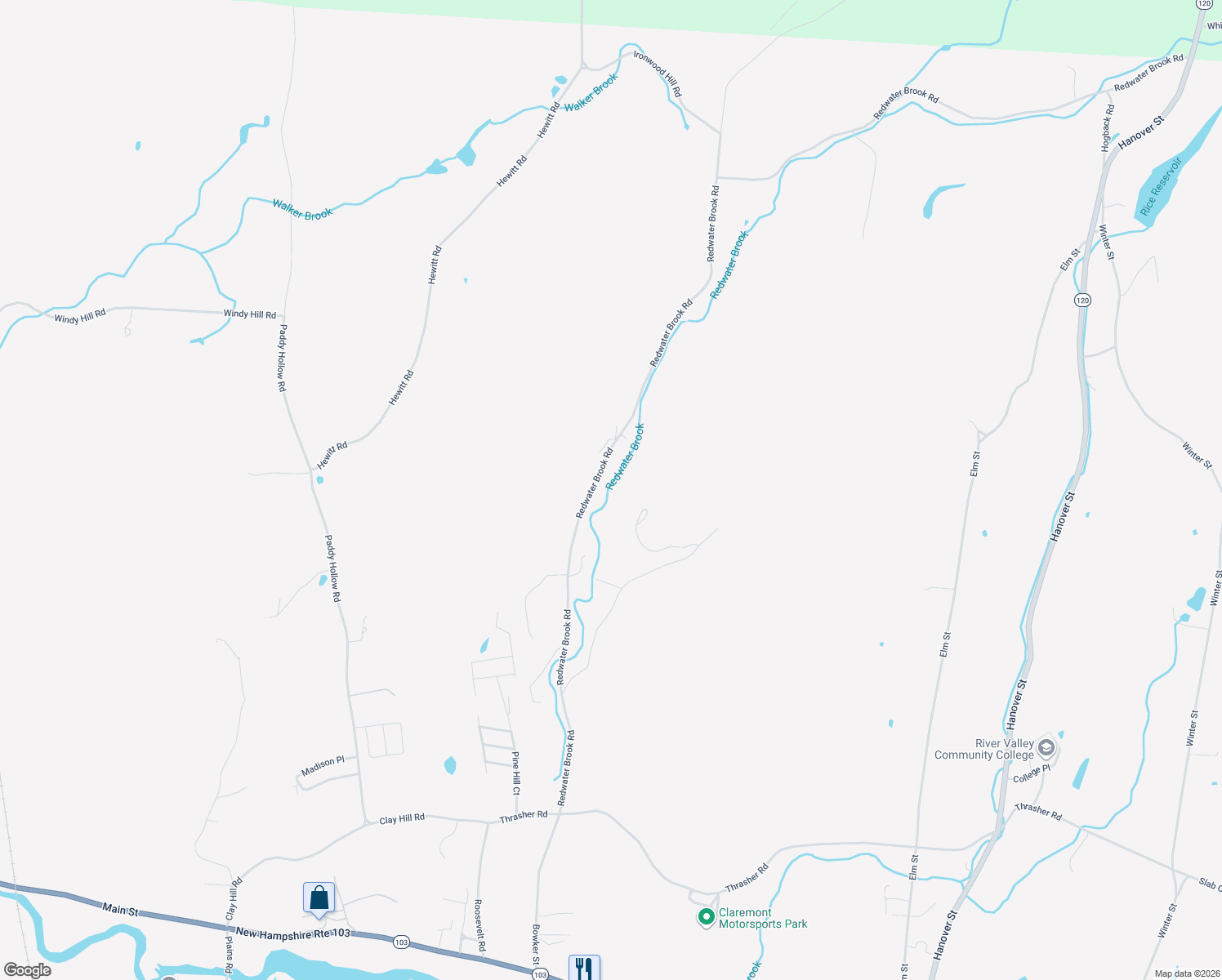map of restaurants, bars, coffee shops, grocery stores, and more near 177 Redwater Brook Road in Claremont