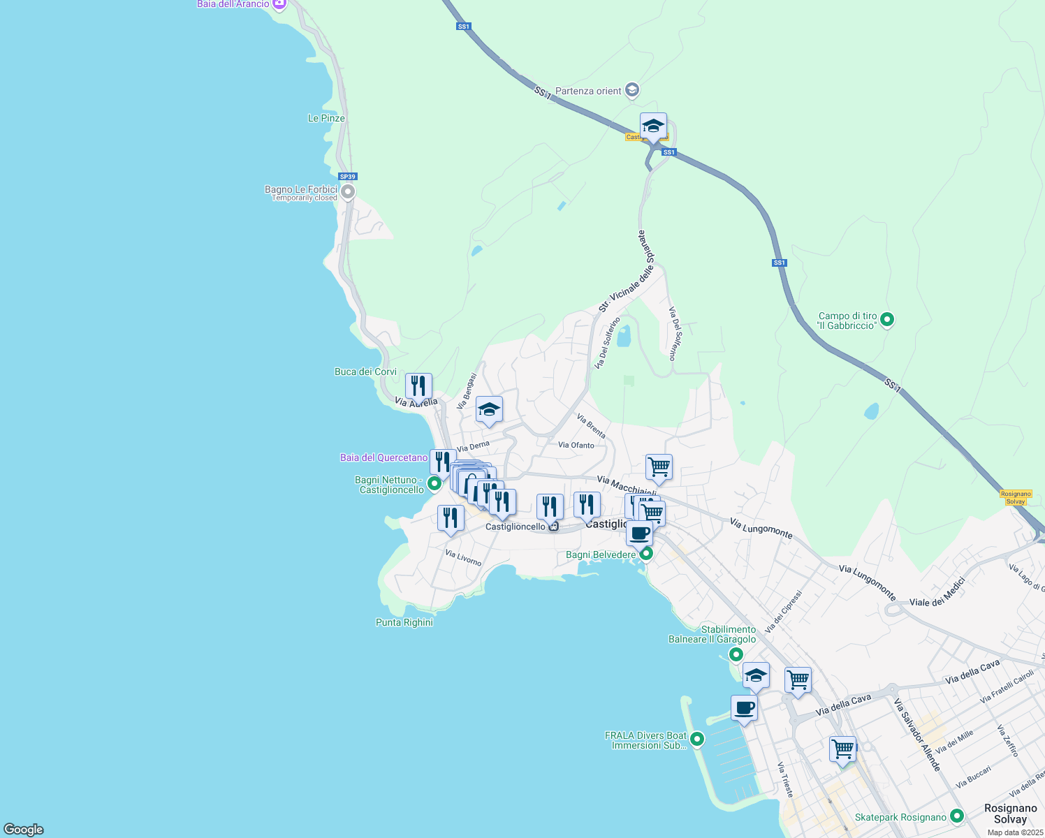 map of restaurants, bars, coffee shops, grocery stores, and more near 33 Via Tagliamento in Rosignano Solvay-Castiglioncello