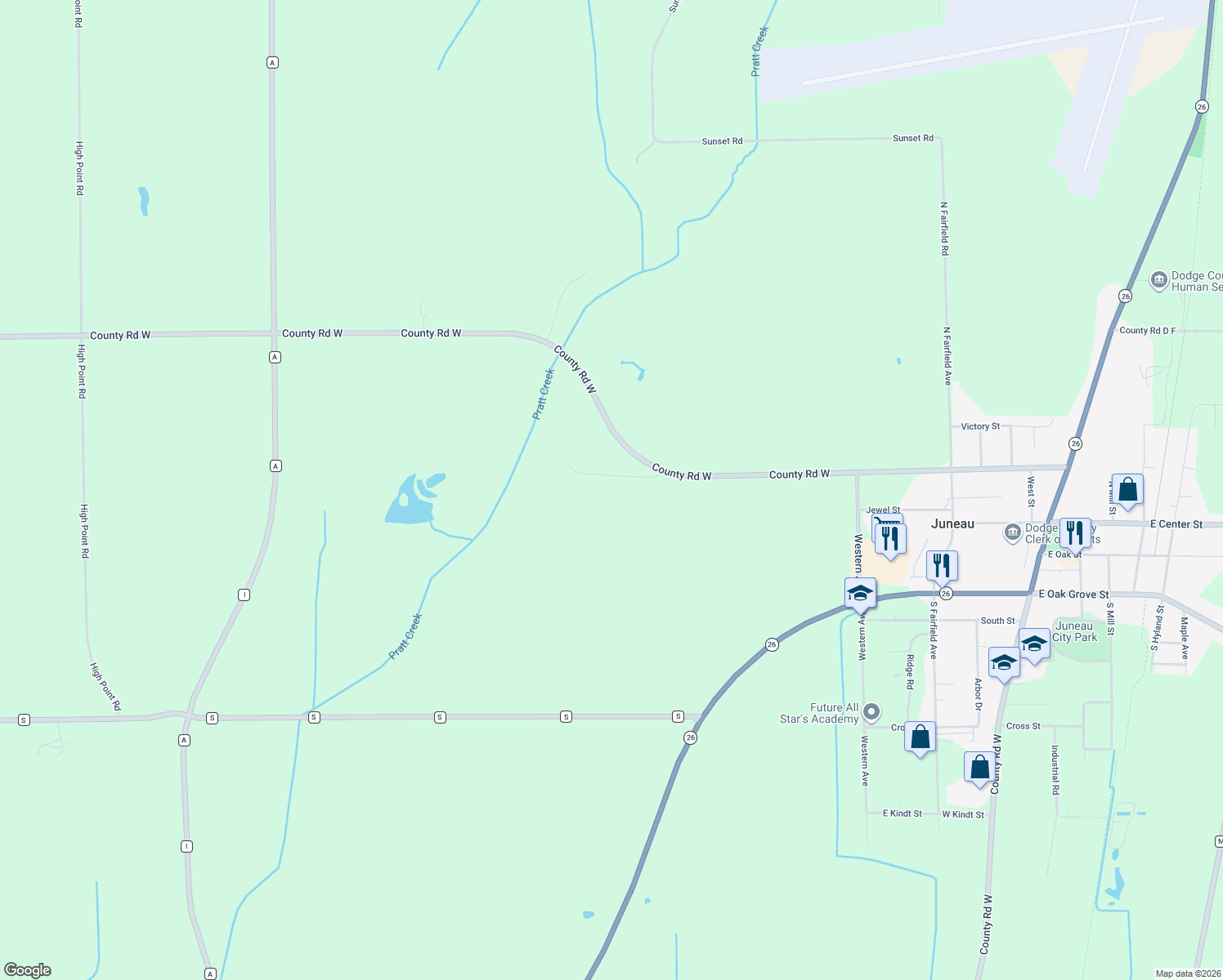 map of restaurants, bars, coffee shops, grocery stores, and more near W6515 Hillcrest Road in Juneau