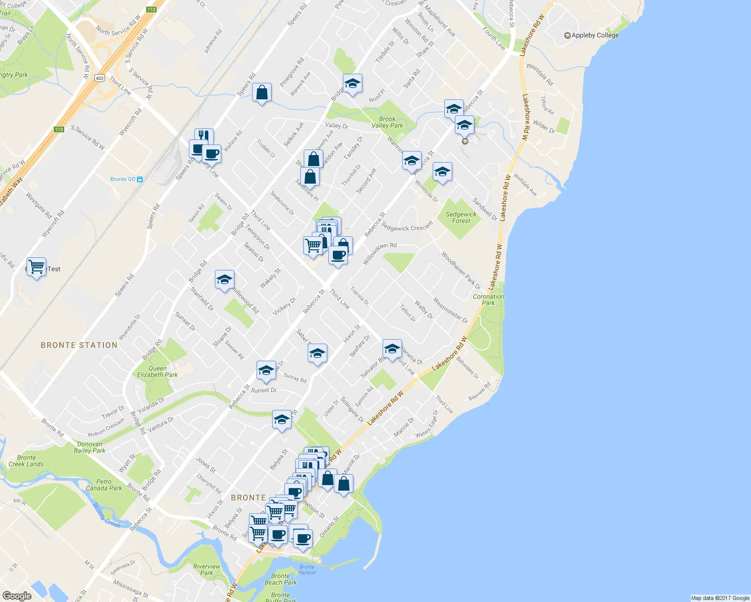 map of restaurants, bars, coffee shops, grocery stores, and more near 1486 Hixon Street in Oakville