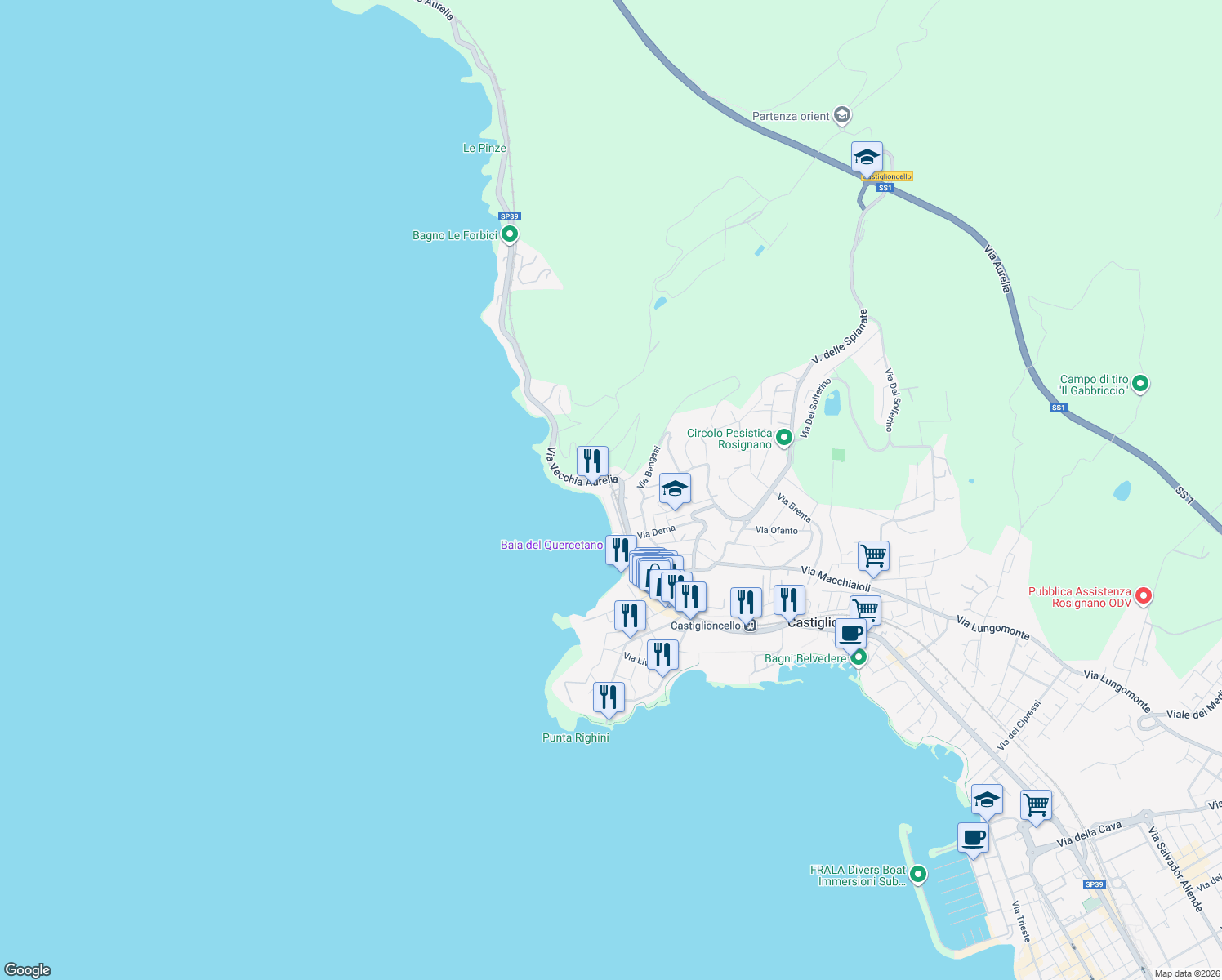 map of restaurants, bars, coffee shops, grocery stores, and more near 15 Lungomare del Quercetano in Rosignano Solvay-Castiglioncello