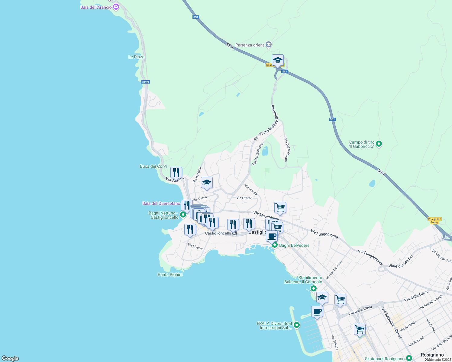 map of restaurants, bars, coffee shops, grocery stores, and more near 33 Via Tagliamento in Rosignano Solvay-Castiglioncello