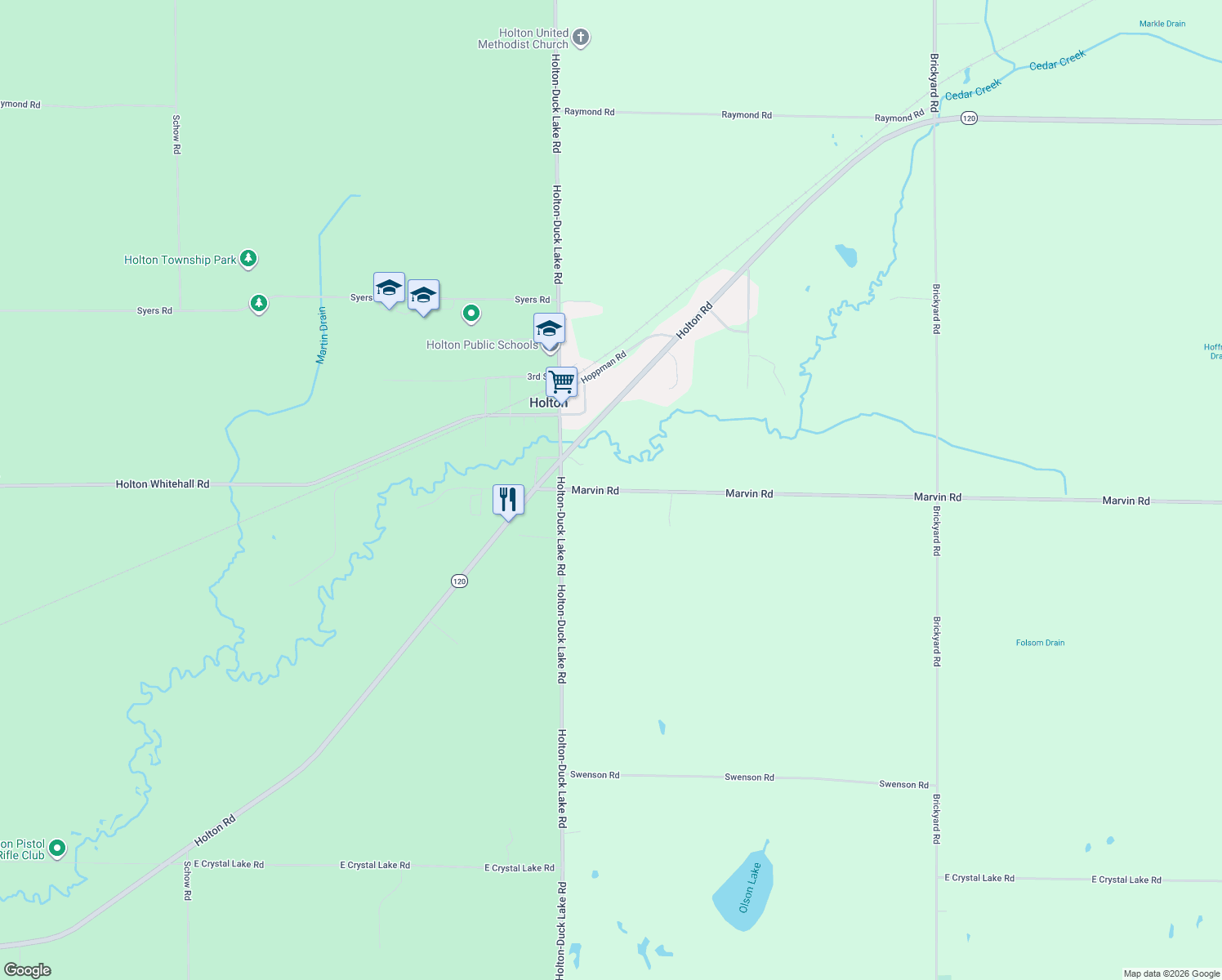 map of restaurants, bars, coffee shops, grocery stores, and more near 6898 Marvin Road in Holton