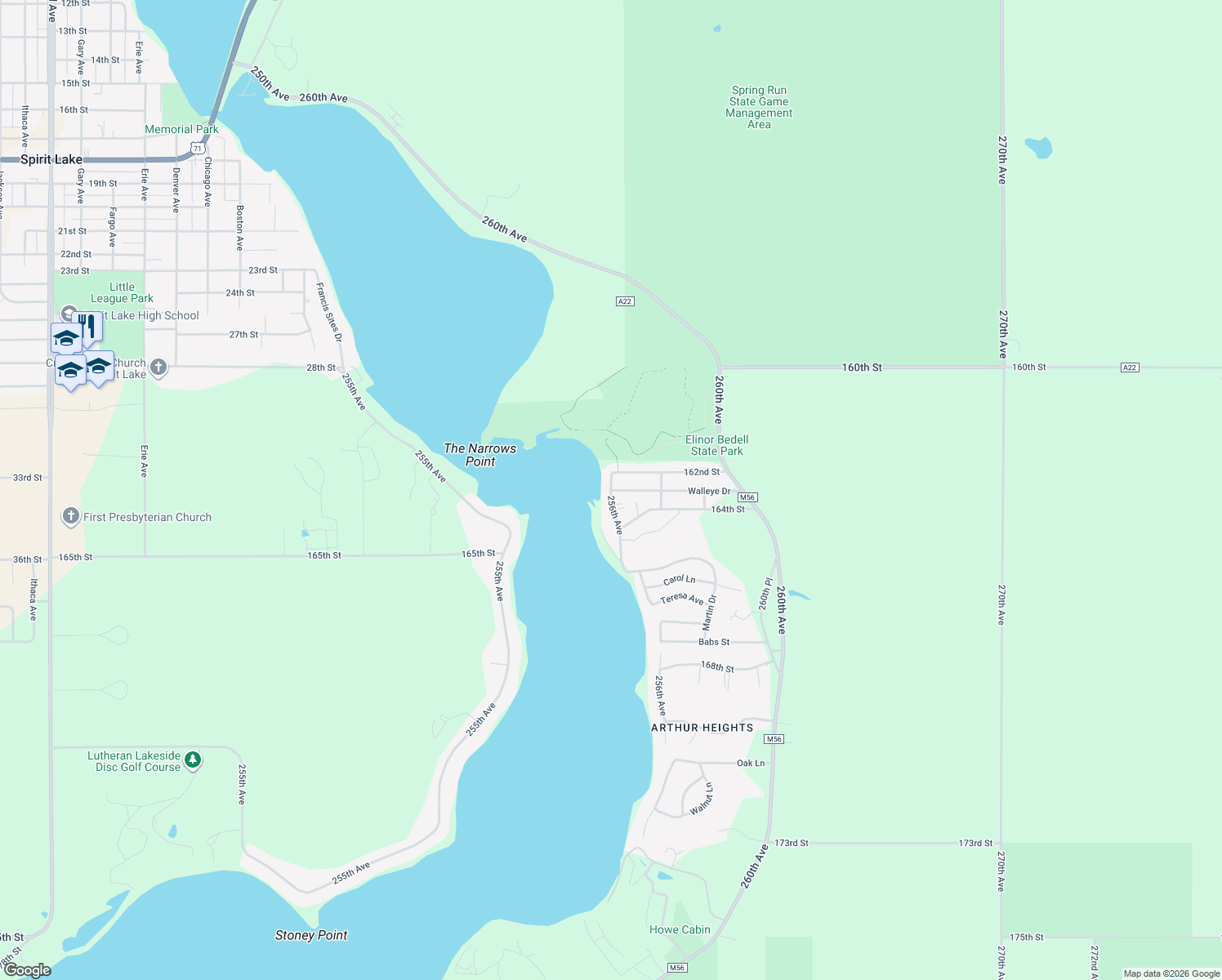 map of restaurants, bars, coffee shops, grocery stores, and more near 16221 256th Avenue in Spirit Lake