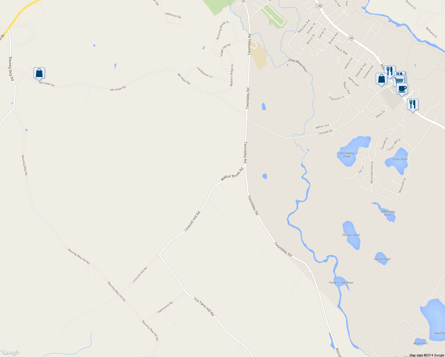 map of restaurants, bars, coffee shops, grocery stores, and more near 47 Walnut Brook Road in North Berwick