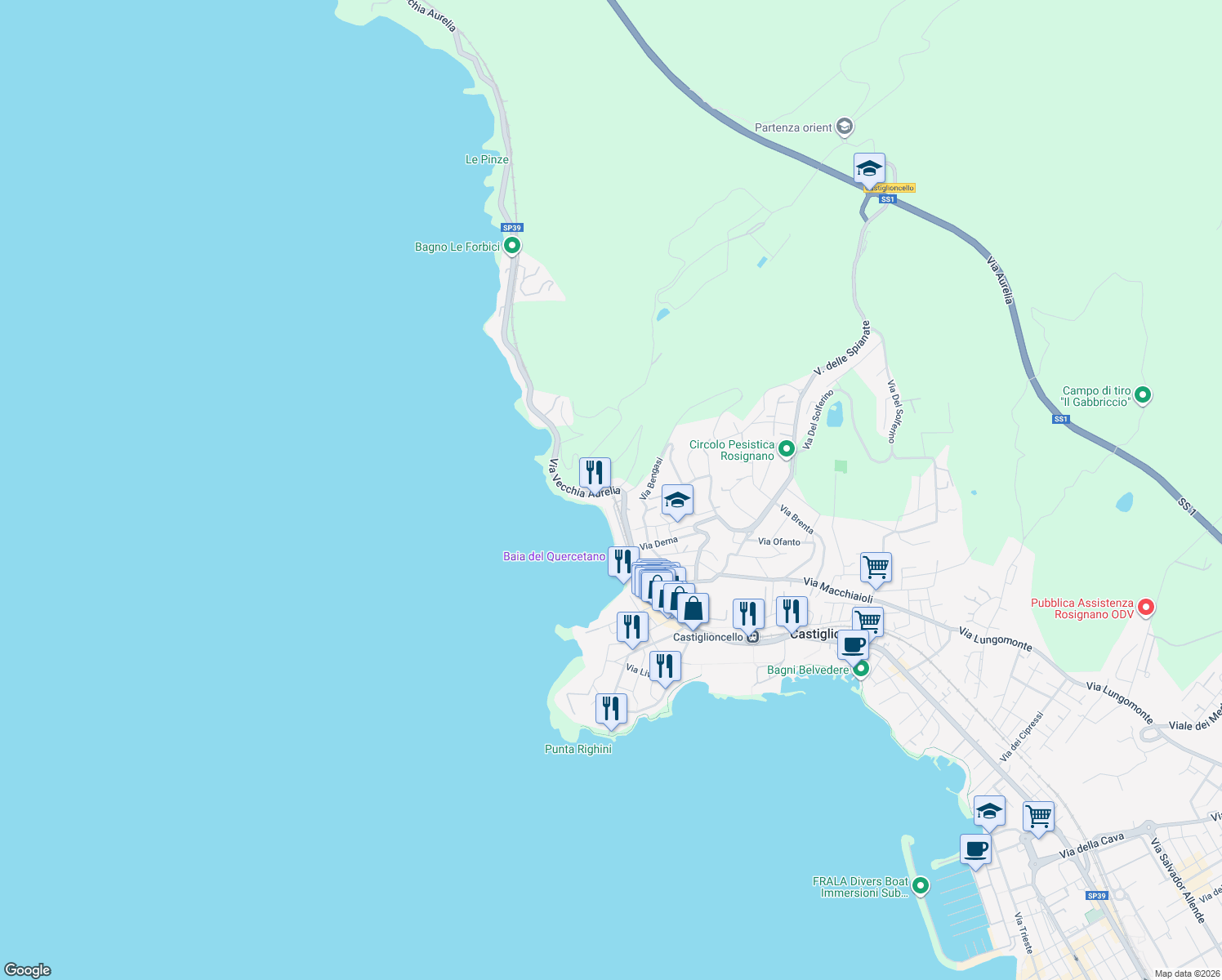 map of restaurants, bars, coffee shops, grocery stores, and more near 15 Lungomare del Quercetano in Rosignano Solvay-Castiglioncello