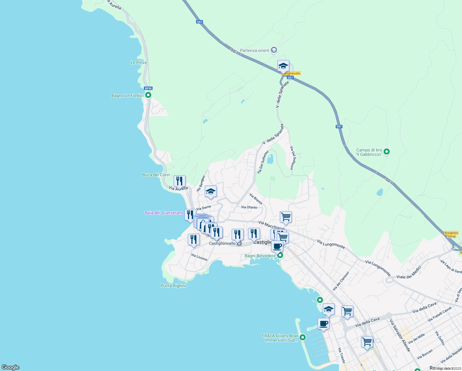 map of restaurants, bars, coffee shops, grocery stores, and more near 33 Via Tagliamento in Rosignano Solvay-Castiglioncello